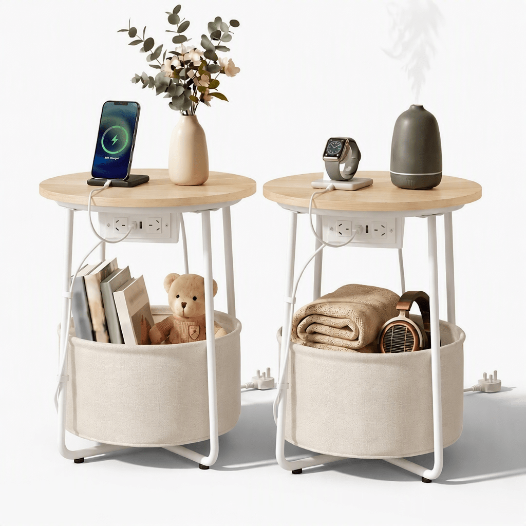 Set of 2 Round Coffee and Bedside Side Tables with Charging Station and Storage Basket - Wood & White - Furniture > Living Room > Coffee Tables - Rivercity House & Home Co. (ABN 18 642 972 209) - Affordable Modern Furniture Australia