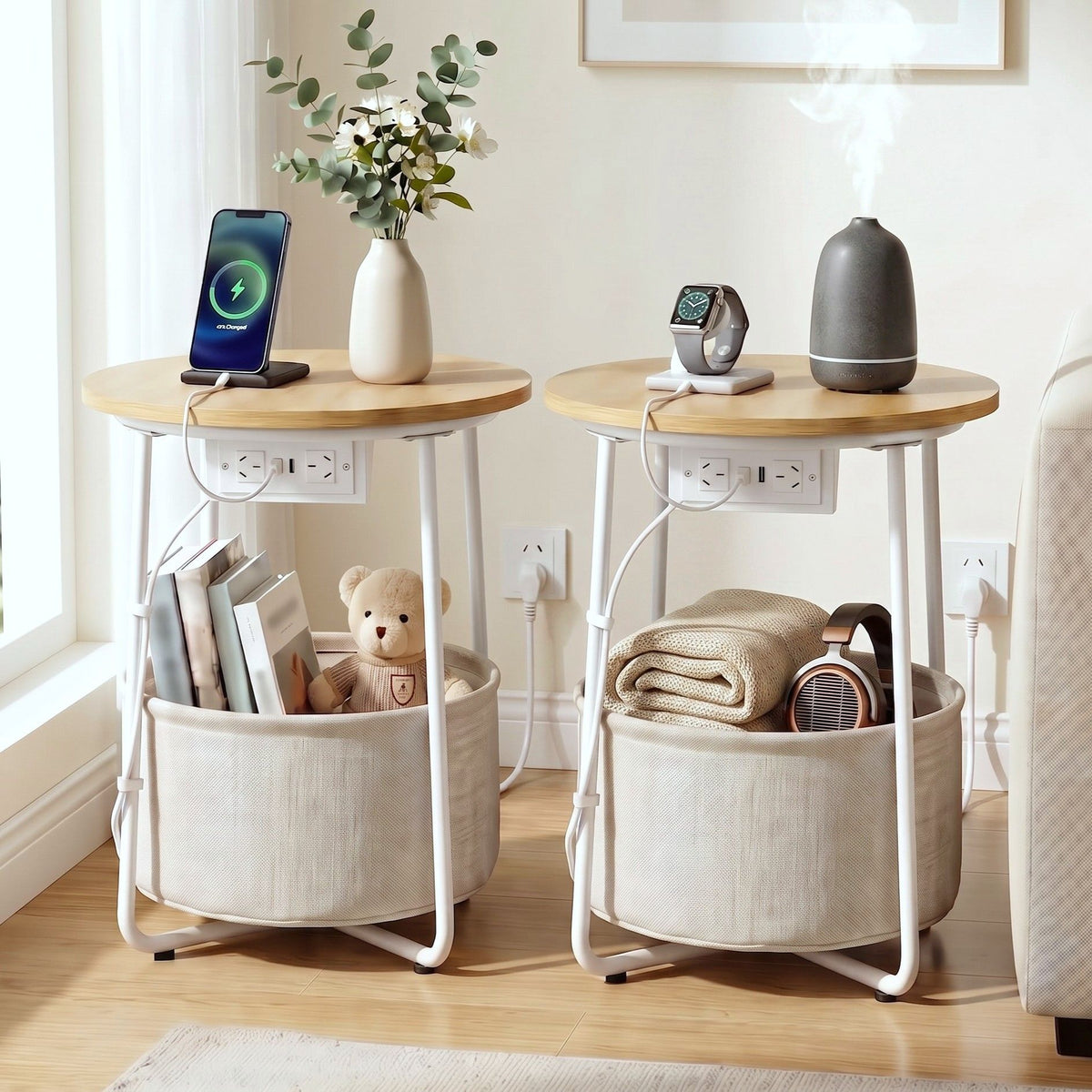 Set of 2 Round Coffee and Bedside Side Tables with Charging Station and Storage Basket - Wood & White - Furniture > Living Room > Coffee Tables - Rivercity House & Home Co. (ABN 18 642 972 209) - Affordable Modern Furniture Australia