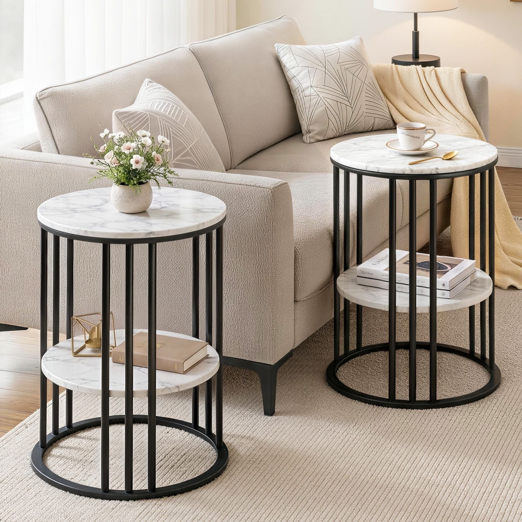 Set of 2 Side Table Coffee Table 2 - Tier Round Marble Effect - Furniture > Living Room > Coffee Tables - Rivercity House & Home Co. (ABN 18 642 972 209) - Affordable Modern Furniture Australia