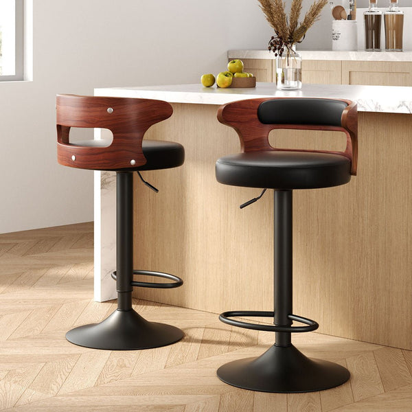 Set of 2 Wooden Bar Stools With Gas Lift (Black PU Leather)
