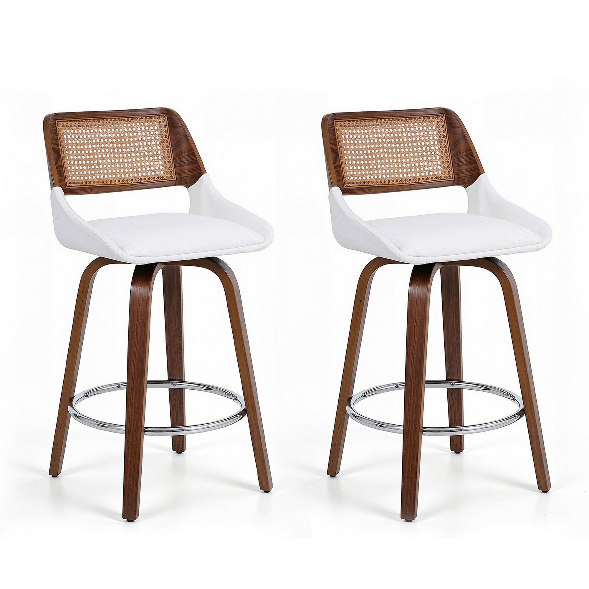 Set of 2 Wooden Swivel Bar Stools 60cm Seat Height - White & Rattan - Furniture > Bar Stools & Chairs > Table & Bar Stools - Rivercity House & Home Co. (ABN 18 642 972 209) - Affordable Modern Furniture Australia