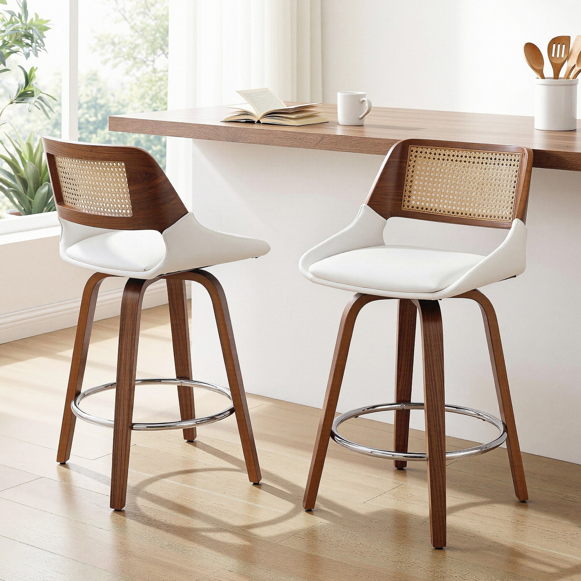 Set of 2 Wooden Swivel Bar Stools 60cm Seat Height - White & Rattan - Furniture > Bar Stools & Chairs > Table & Bar Stools - Rivercity House & Home Co. (ABN 18 642 972 209) - Affordable Modern Furniture Australia