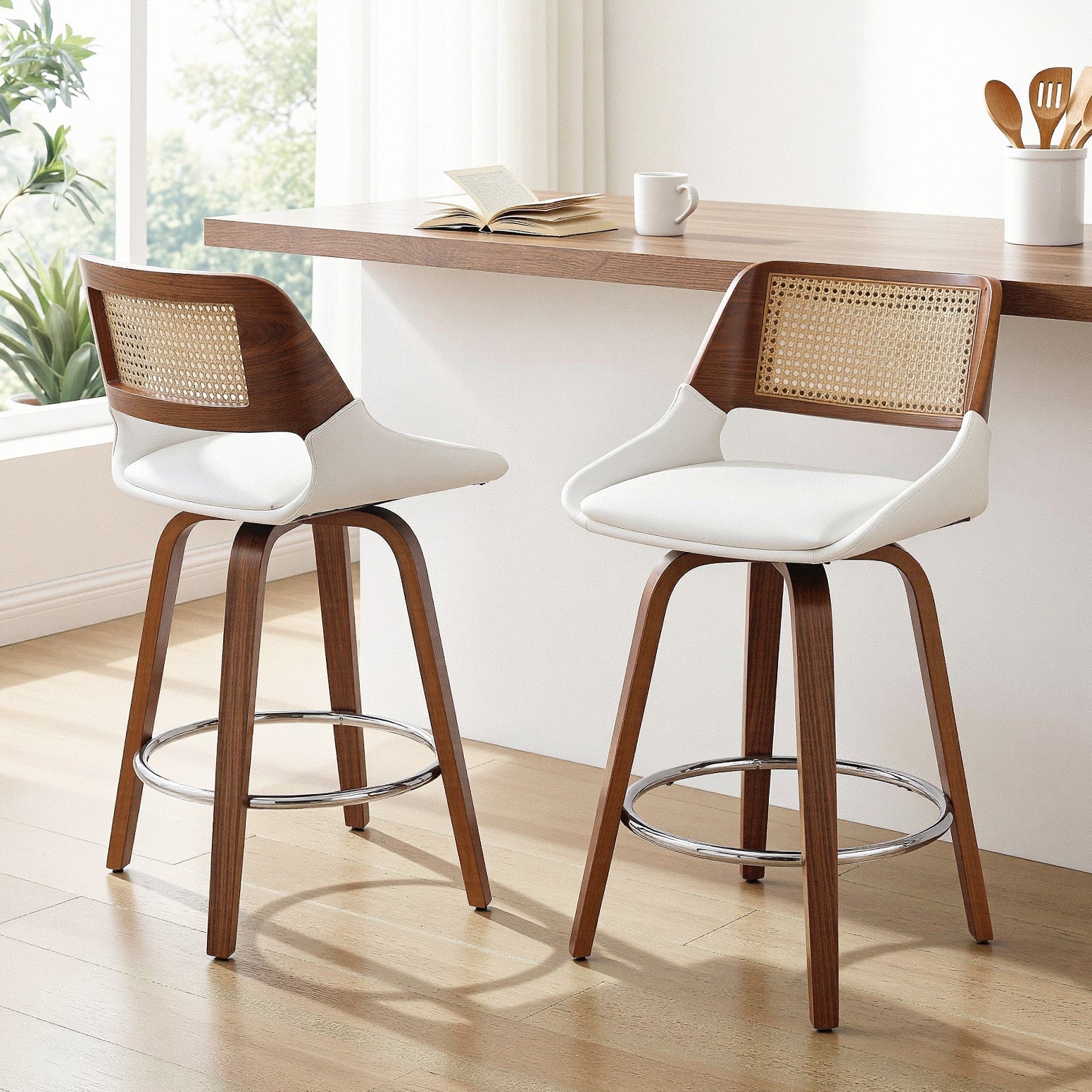 Set of 2 Wooden Swivel Bar Stools 60cm Seat Height - White & Rattan - Furniture > Bar Stools & Chairs > Table & Bar Stools - Rivercity House & Home Co. (ABN 18 642 972 209) - Affordable Modern Furniture Australia