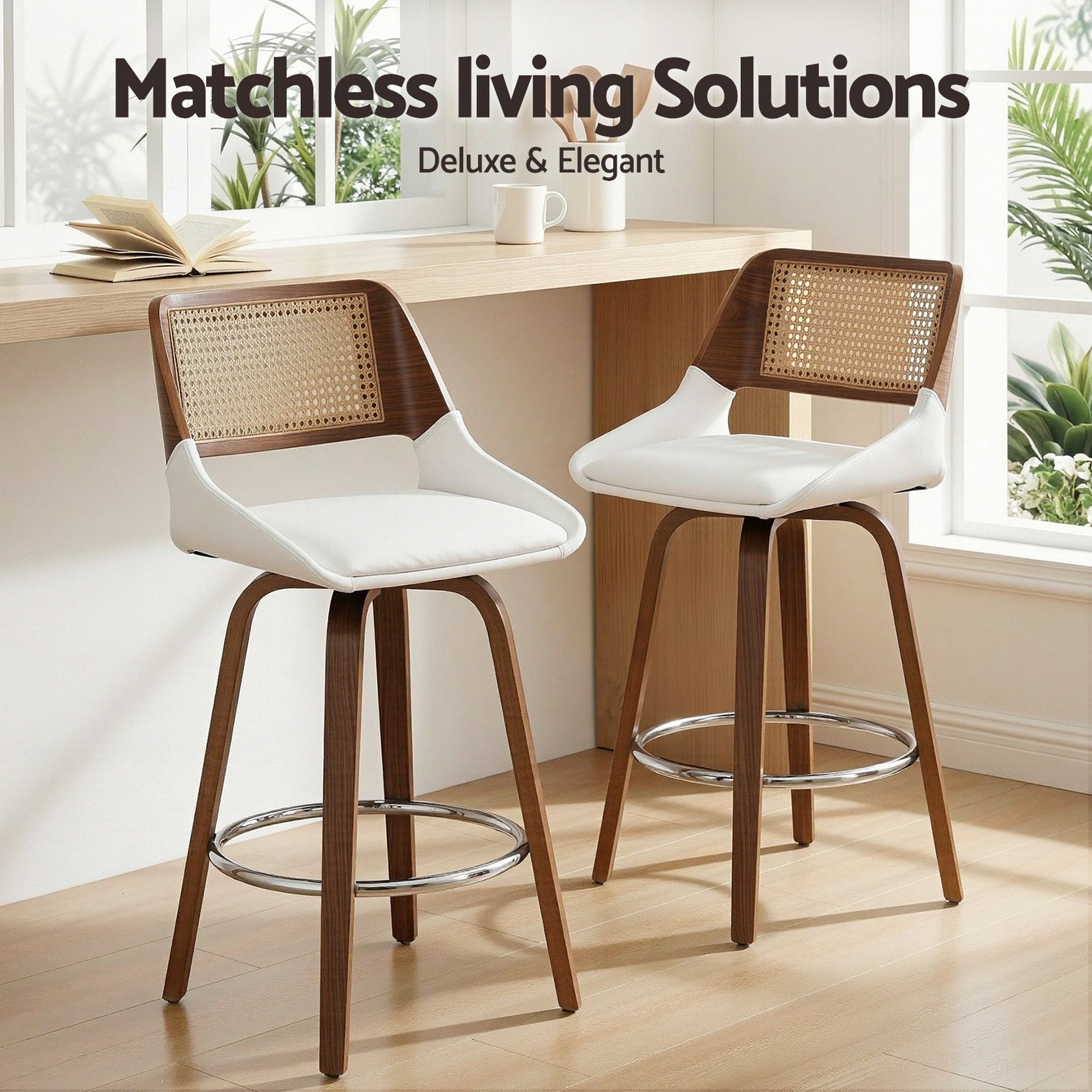 Set of 2 Wooden Swivel Bar Stools 60cm Seat Height - White & Rattan - Furniture > Bar Stools & Chairs > Table & Bar Stools - Rivercity House & Home Co. (ABN 18 642 972 209) - Affordable Modern Furniture Australia