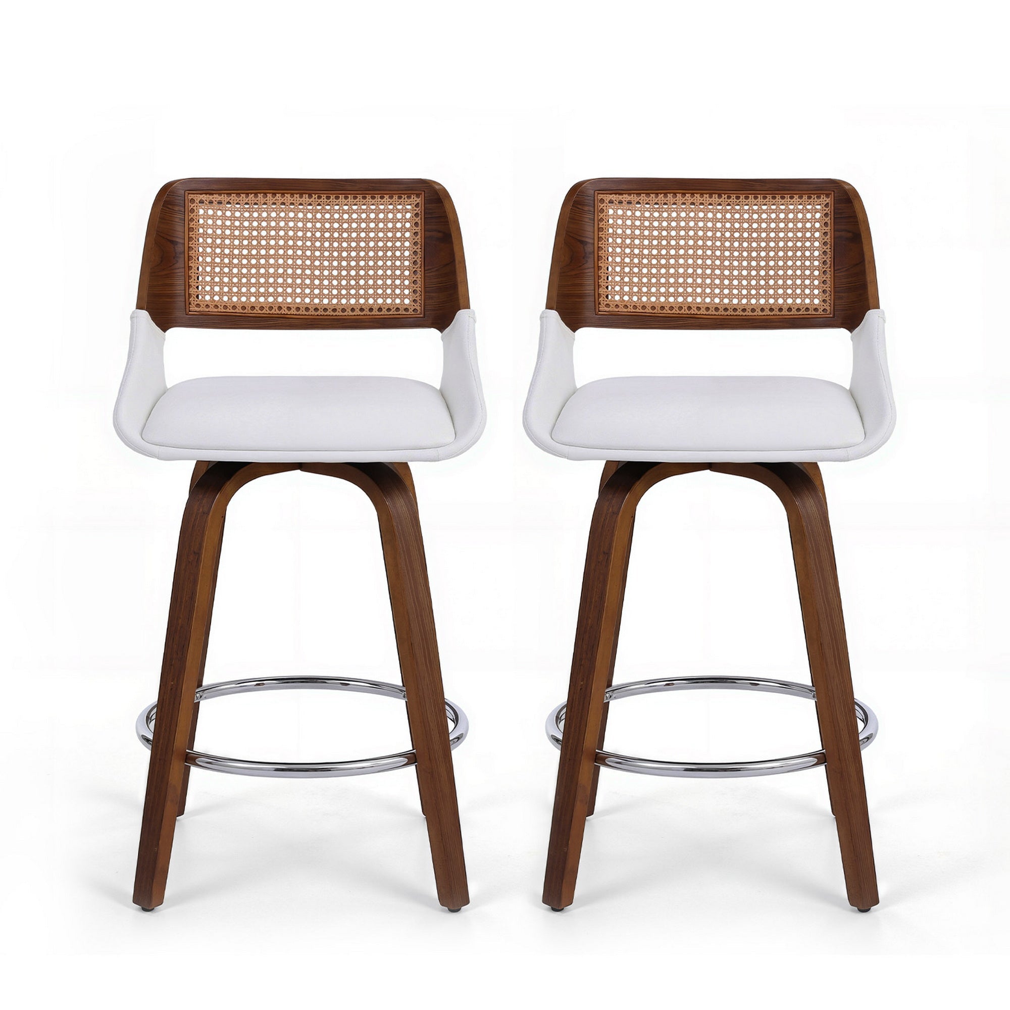 Set of 2 Wooden Swivel Bar Stools 60cm Seat Height - White & Rattan - Furniture > Bar Stools & Chairs > Table & Bar Stools - Rivercity House & Home Co. (ABN 18 642 972 209) - Affordable Modern Furniture Australia
