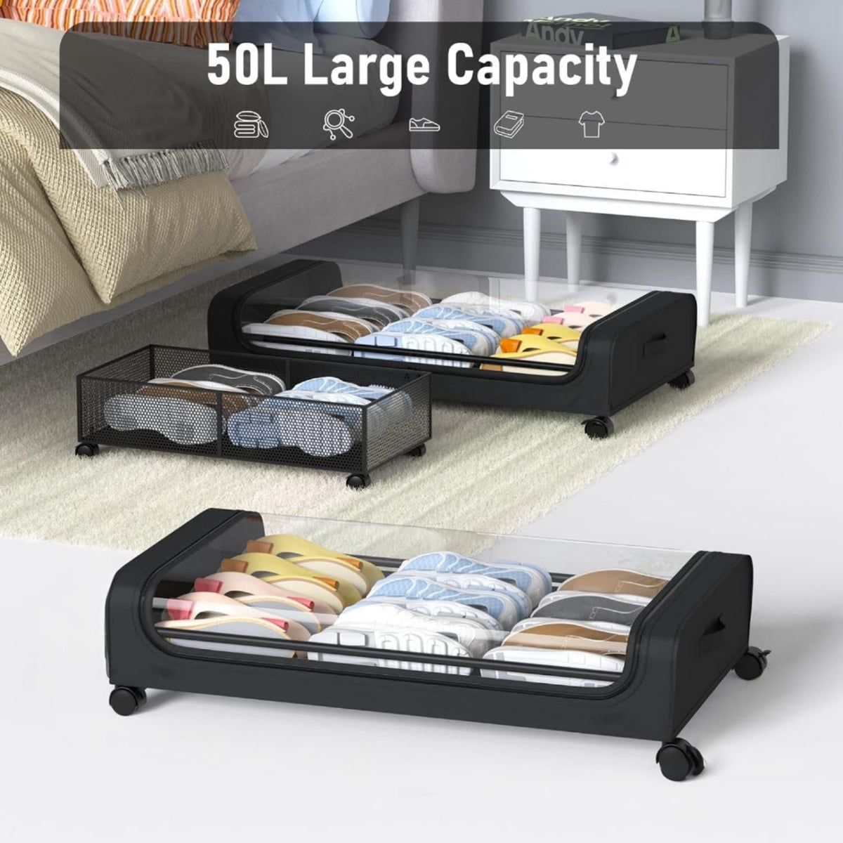 Set of 2 XXL Under Bed Rolling Storage Containers 50L Capacity with Wheels - Home & Garden > Storage > Clothing & Wardrobe Storage - Rivercity House & Home Co. (ABN 18 642 972 209) - Affordable Modern Furniture Australia