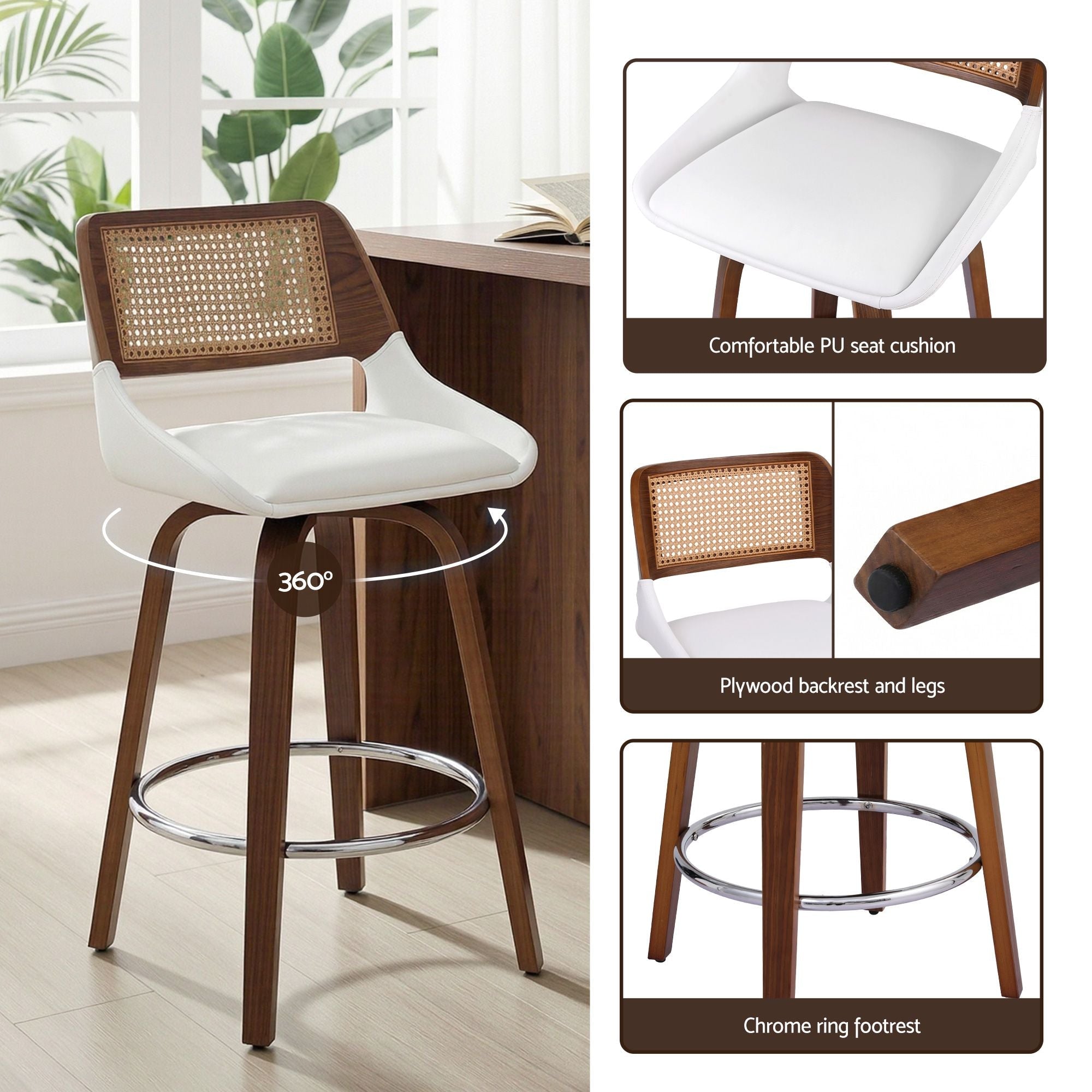 Set of 3 Wooden Swivel Kitchen Bar Stools 60cm Seat Height - White & Rattan - Furniture > Bar Stools & Chairs > Table & Bar Stools - Rivercity House & Home Co. (ABN 18 642 972 209) - Affordable Modern Furniture Australia
