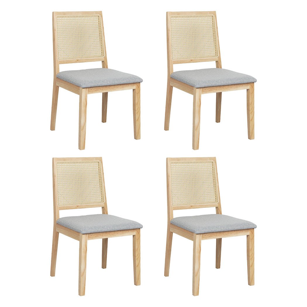 Set of 4 Armless Cane Dining Chairs with Upholstered Seat - Natural & Grey - Rivercity House & Home Co. (ABN 18 642 972 209) - Affordable Modern Furniture Australia