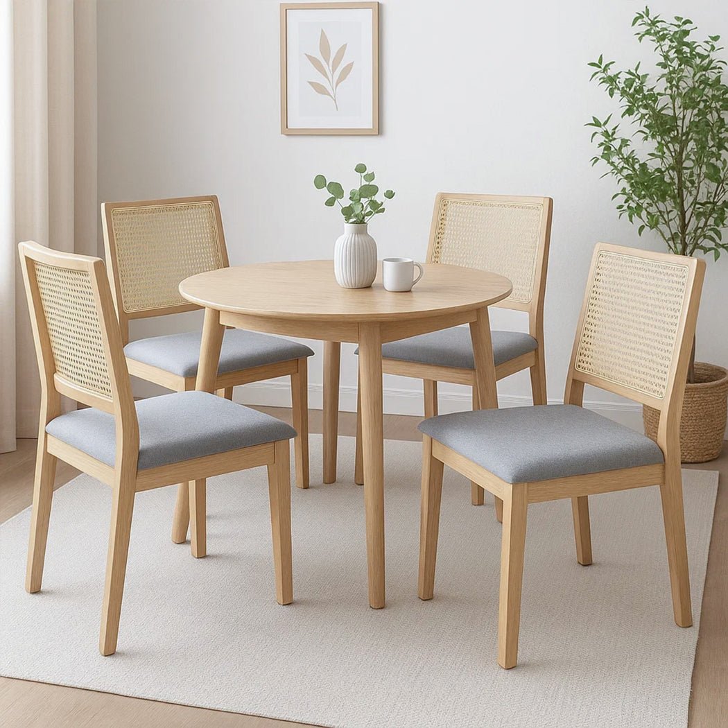 Set of 4 Armless Cane Dining Chairs with Upholstered Seat - Natural & Grey - Rivercity House & Home Co. (ABN 18 642 972 209) - Affordable Modern Furniture Australia