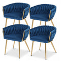 Set of 4 Velvet Dining Armchairs with Woven Backrest - Blue