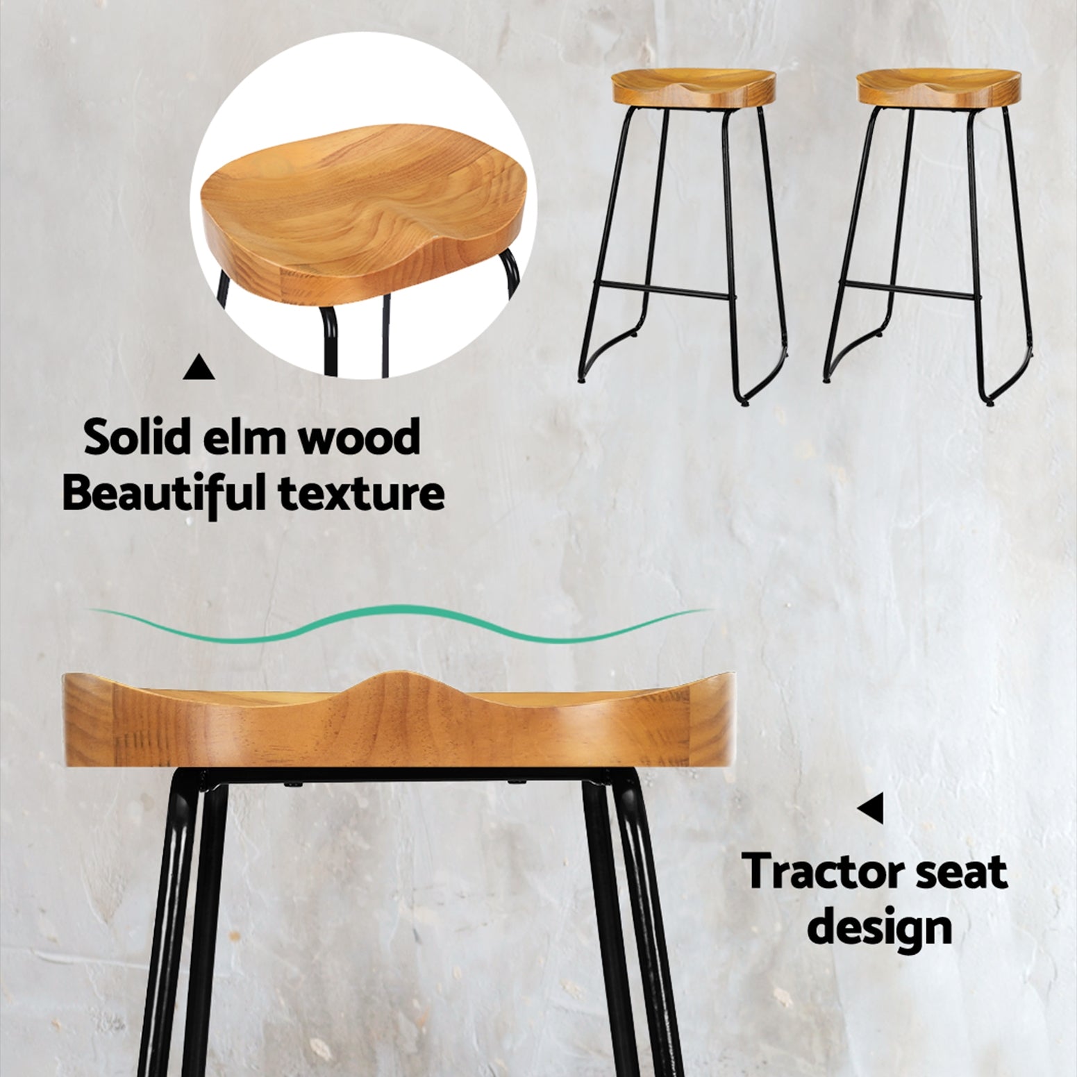 Set of 4 Elm Wood Bar Stools 75cm - Black and Light Natural - Rivercity House & Home Co. (ABN 18 642 972 209) - Affordable Modern Furniture Australia