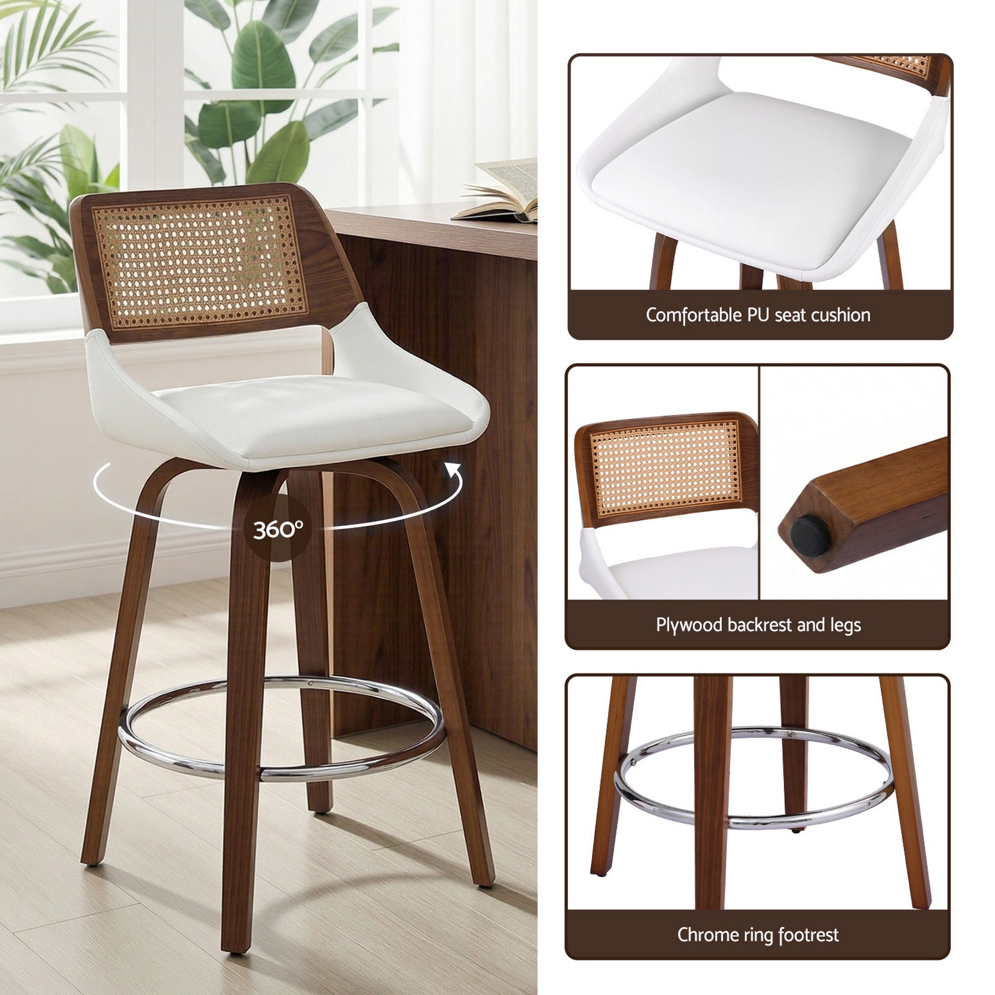 Set of 4 Wooden Swivel Bar Stools 60cm Seat Height - White & Rattan - Furniture > Bar Stools & Chairs > Table & Bar Stools - Rivercity House & Home Co. (ABN 18 642 972 209) - Affordable Modern Furniture Australia