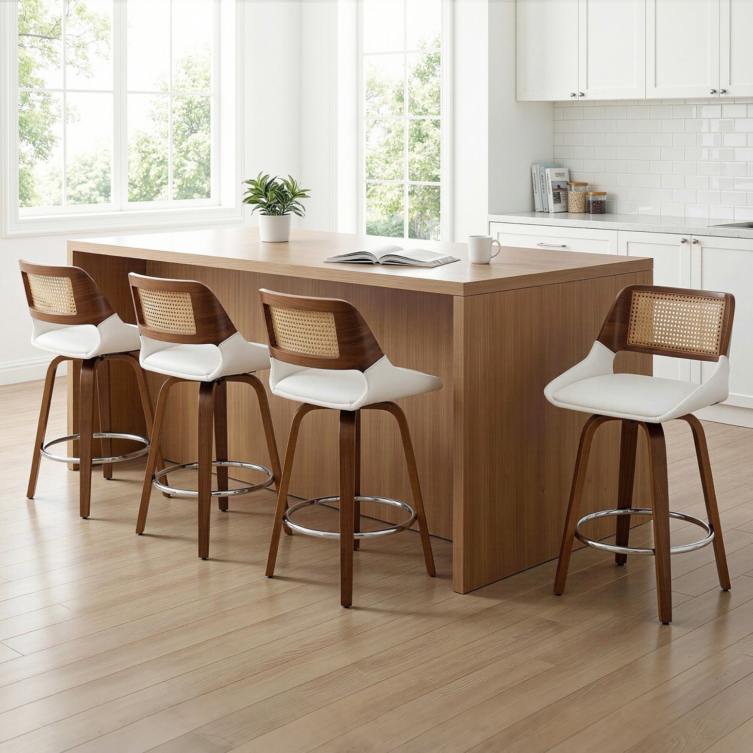 Set of 4 Wooden Swivel Bar Stools 60cm Seat Height - White & Rattan - Furniture > Bar Stools & Chairs > Table & Bar Stools - Rivercity House & Home Co. (ABN 18 642 972 209) - Affordable Modern Furniture Australia