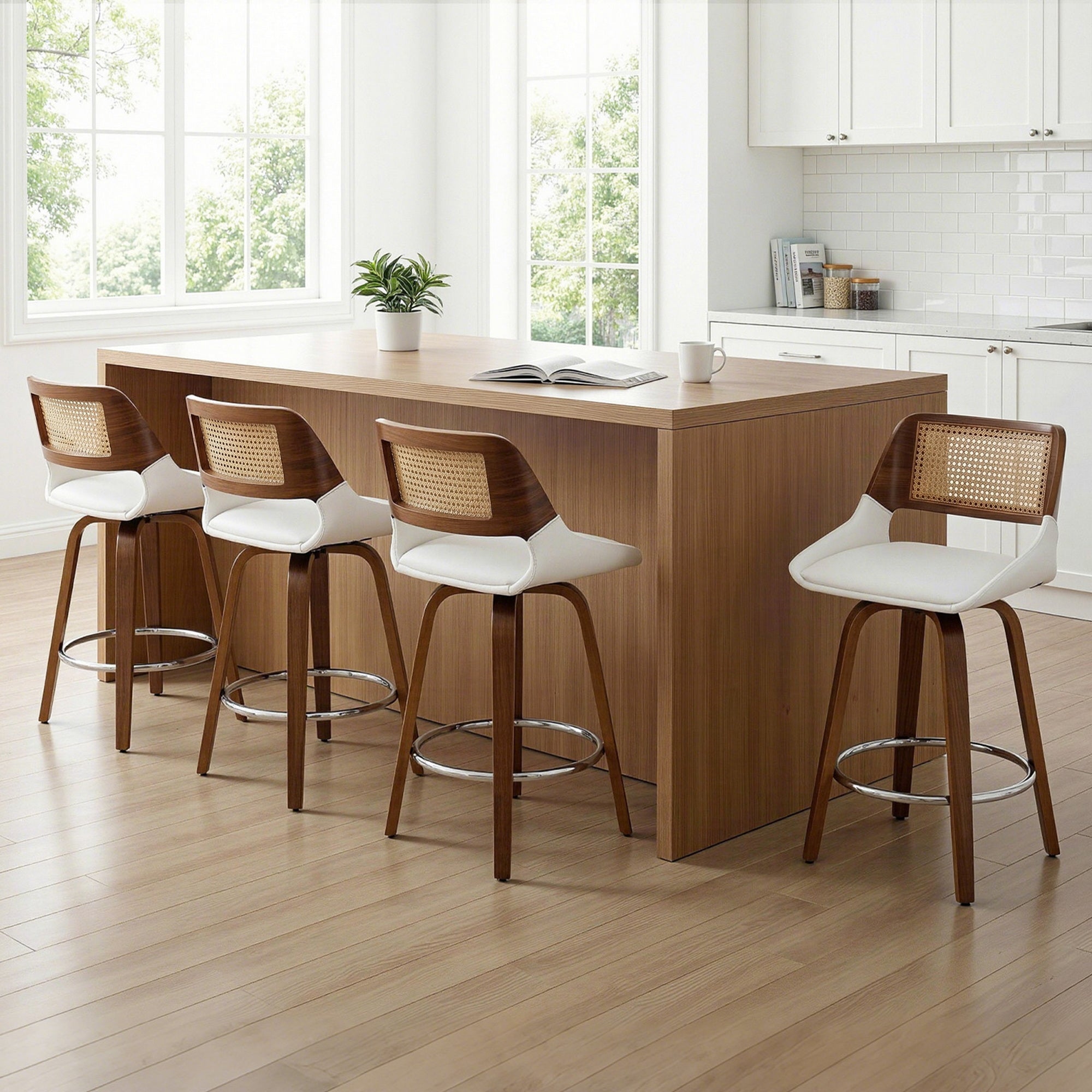 Set of 4 Wooden Swivel Bar Stools 60cm Seat Height - White & Rattan - Furniture > Bar Stools & Chairs > Table & Bar Stools - Rivercity House & Home Co. (ABN 18 642 972 209) - Affordable Modern Furniture Australia
