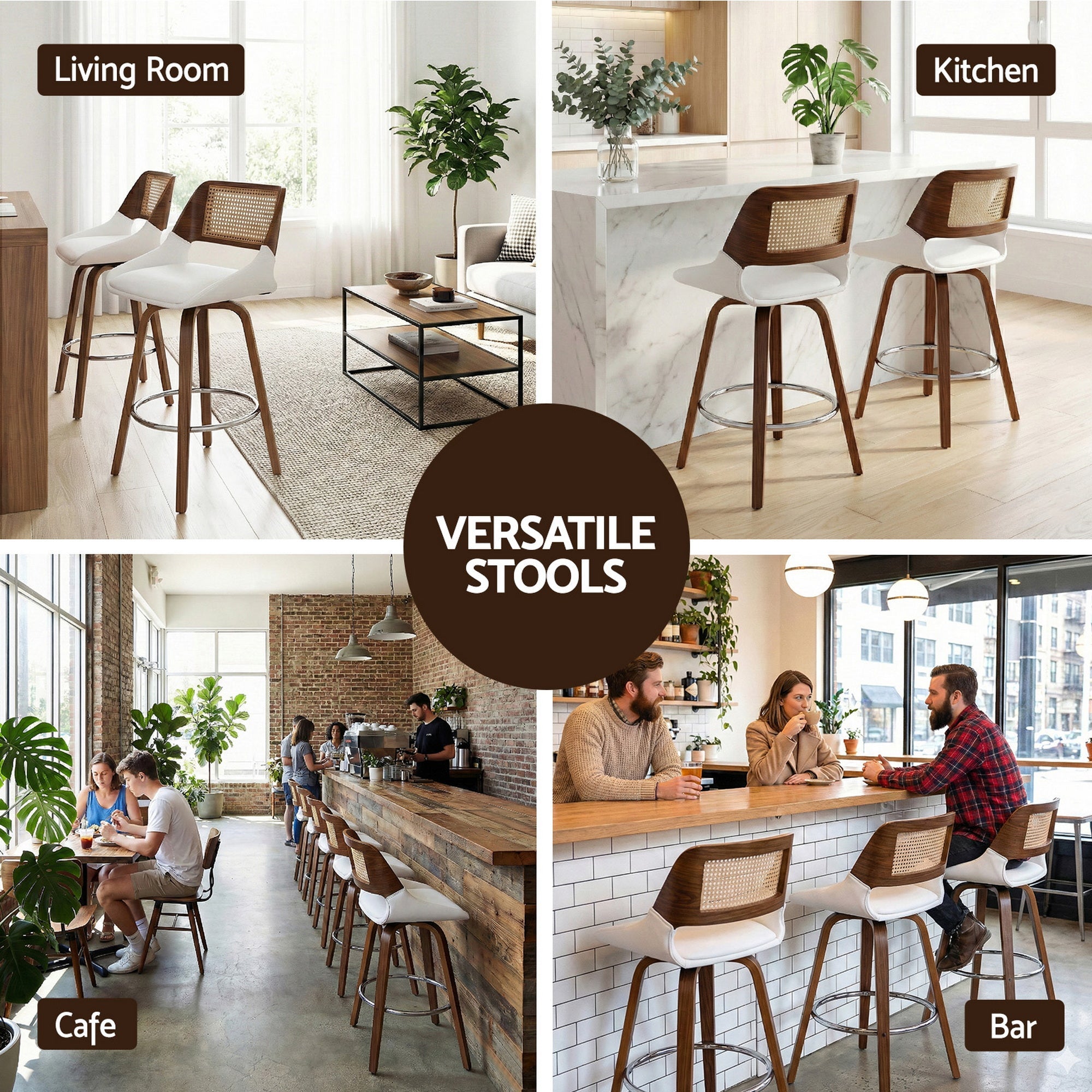 Set of 4 Wooden Swivel Bar Stools 60cm Seat Height - White & Rattan - Furniture > Bar Stools & Chairs > Table & Bar Stools - Rivercity House & Home Co. (ABN 18 642 972 209) - Affordable Modern Furniture Australia