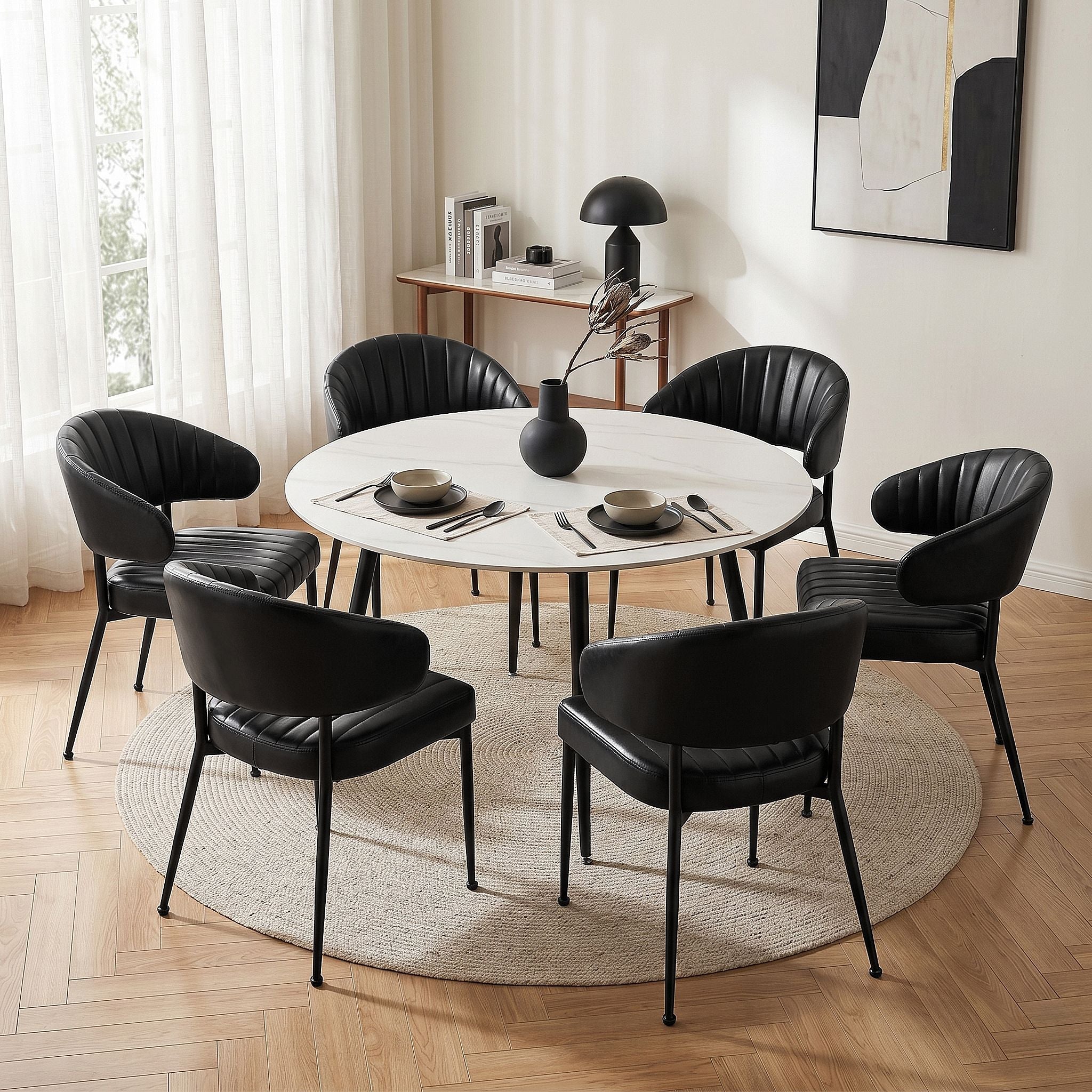 Set of 6 Leather Hollow Arm Dining Chairs with Metal Frame - Black - Furniture > Dining > Kitchen & Dining Chairs - Rivercity House & Home Co. (ABN 18 642 972 209) - Affordable Modern Furniture Australia