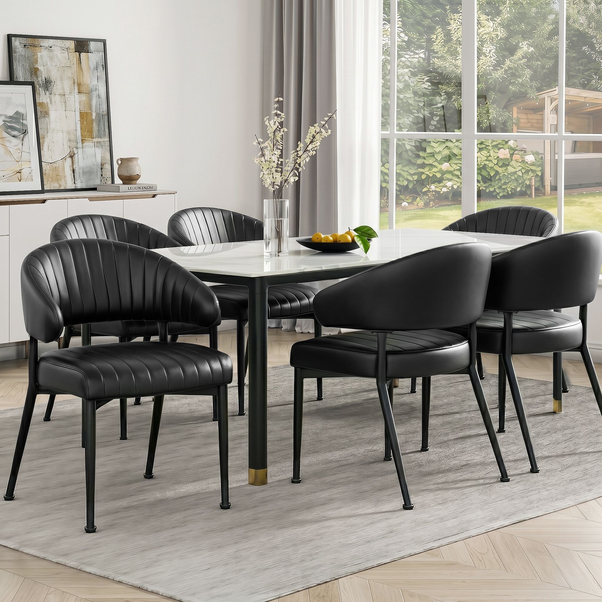Set of 6 Leather Hollow Arm Dining Chairs with Metal Frame - Black - Furniture > Dining > Kitchen & Dining Chairs - Rivercity House & Home Co. (ABN 18 642 972 209) - Affordable Modern Furniture Australia