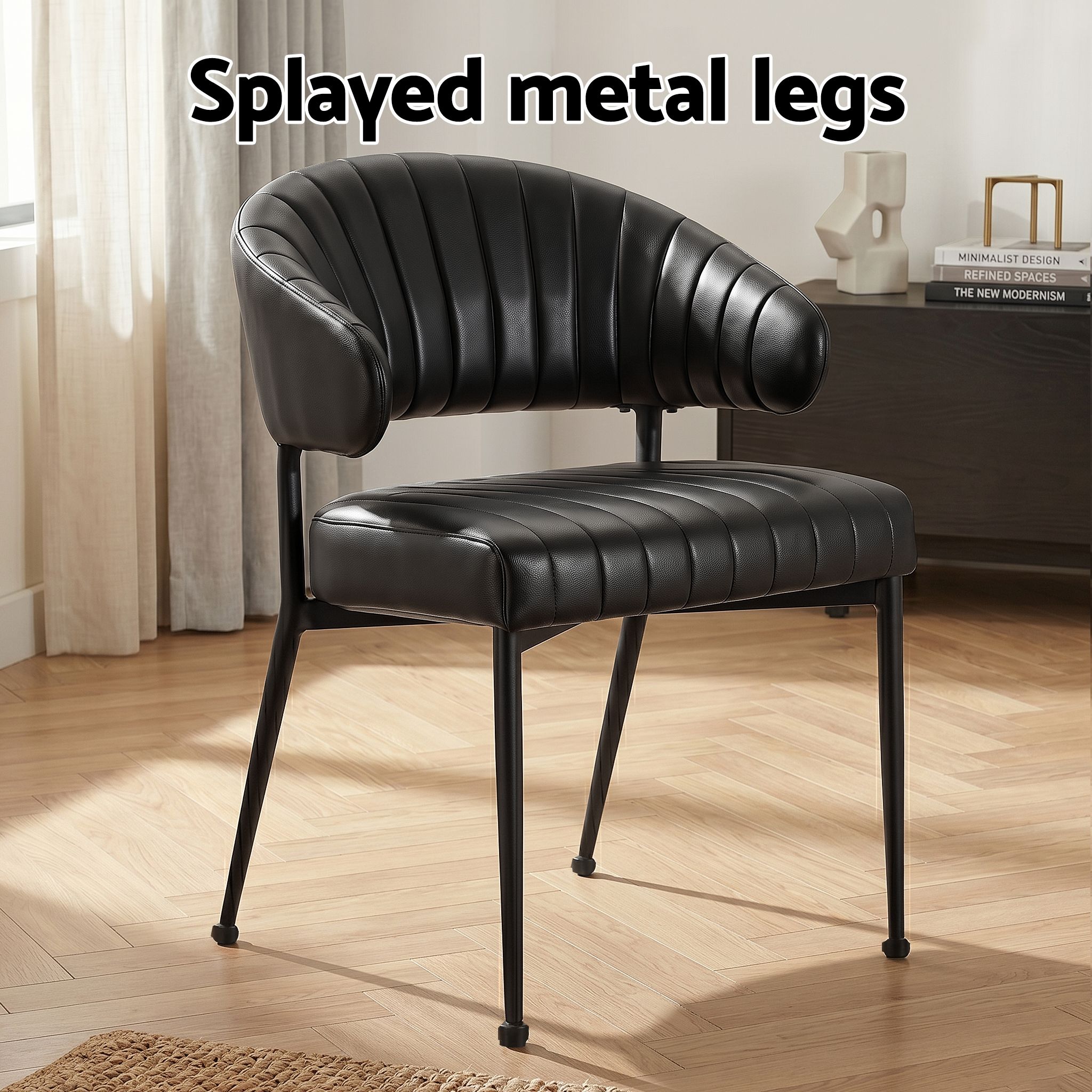 Set of 6 Leather Hollow Arm Dining Chairs with Metal Frame - Black - Furniture > Dining > Kitchen & Dining Chairs - Rivercity House & Home Co. (ABN 18 642 972 209) - Affordable Modern Furniture Australia