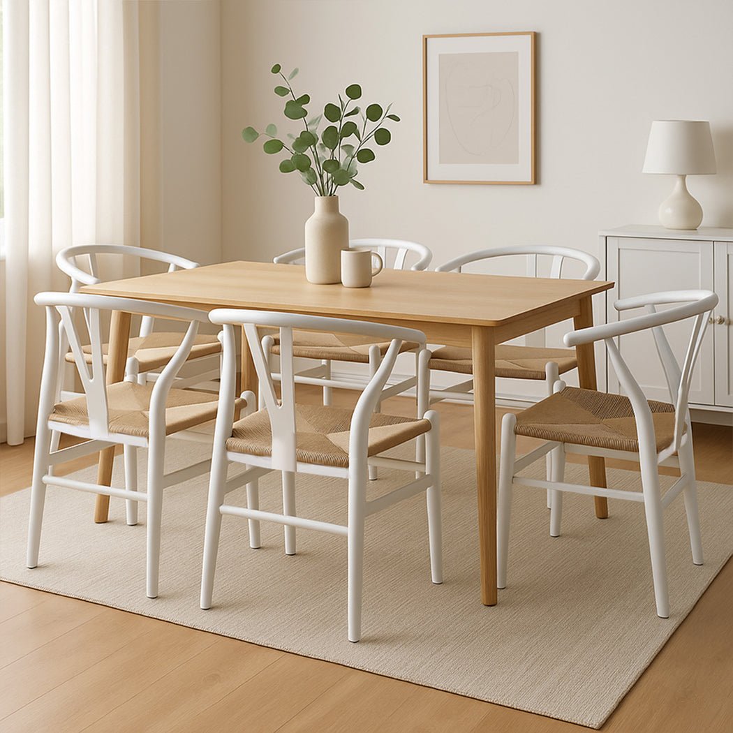 Set of 6 Solid Wood Dining Chairs with Rattan Seat - White - Rivercity House & Home Co. (ABN 18 642 972 209) - Affordable Modern Furniture Australia