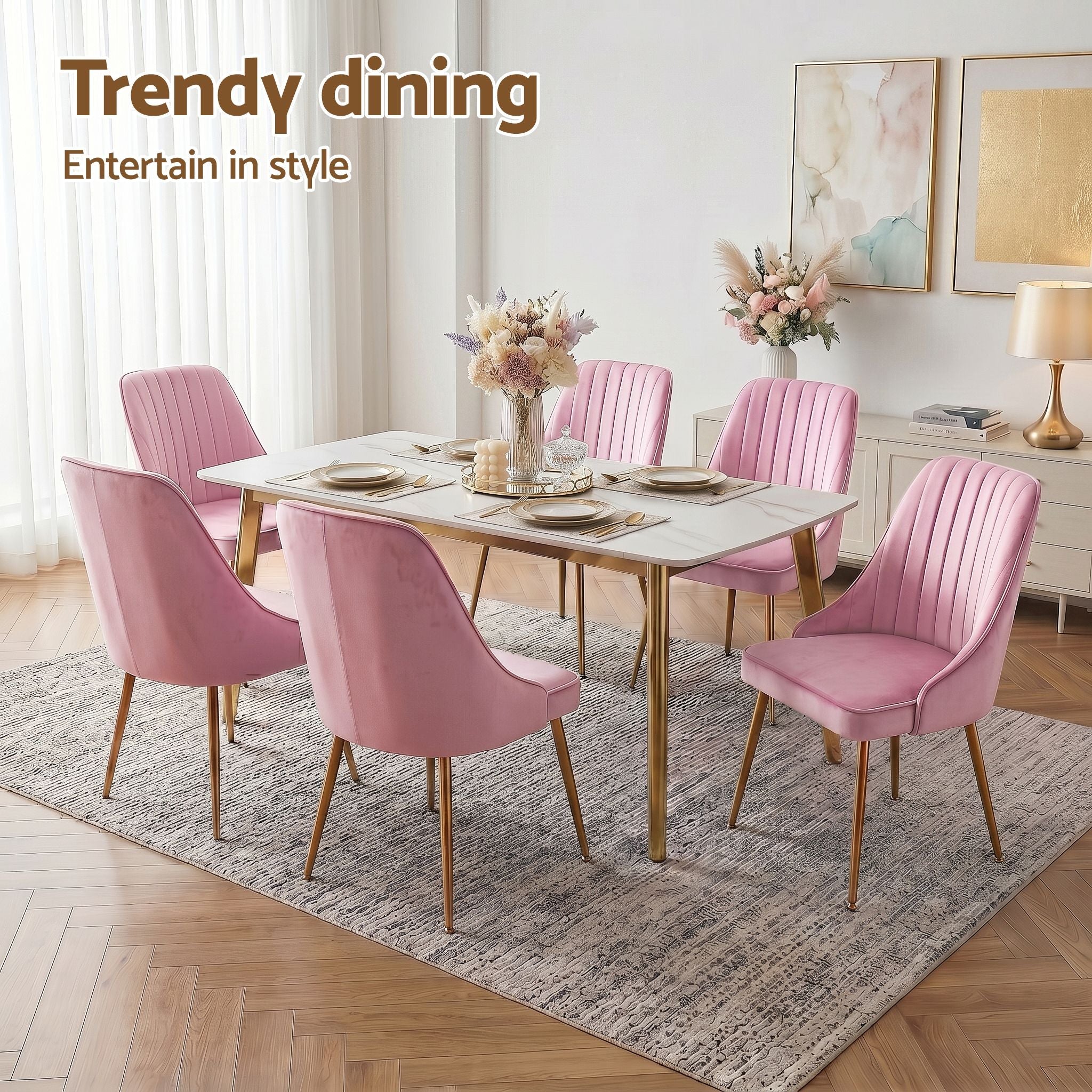 Set of 6 Velvet Channel Tufted Dining Chairs - Pink - Furniture > Dining > Kitchen & Dining Chairs - Rivercity House & Home Co. (ABN 18 642 972 209) - Affordable Modern Furniture Australia