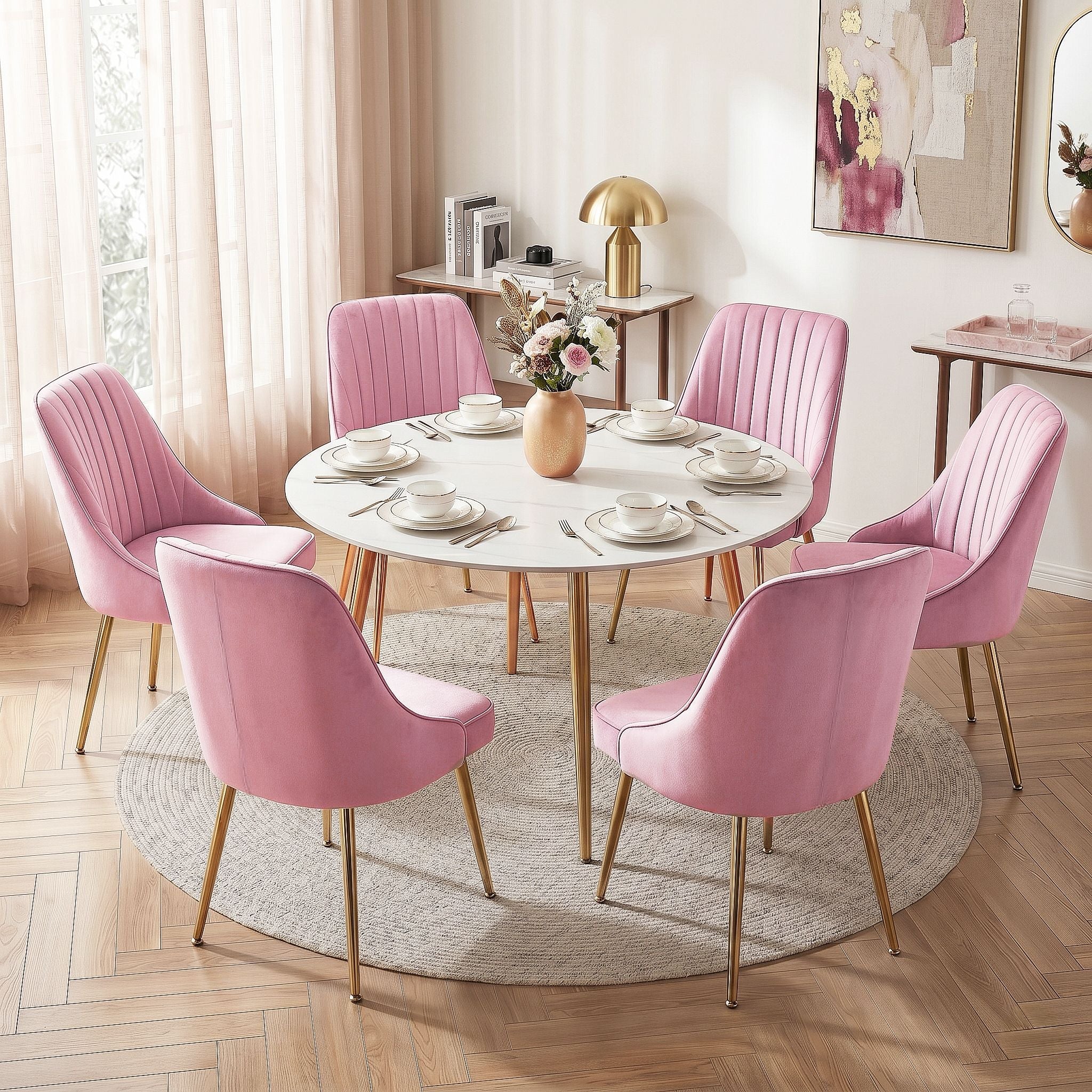 Set of 6 Velvet Channel Tufted Dining Chairs - Pink - Furniture > Dining > Kitchen & Dining Chairs - Rivercity House & Home Co. (ABN 18 642 972 209) - Affordable Modern Furniture Australia