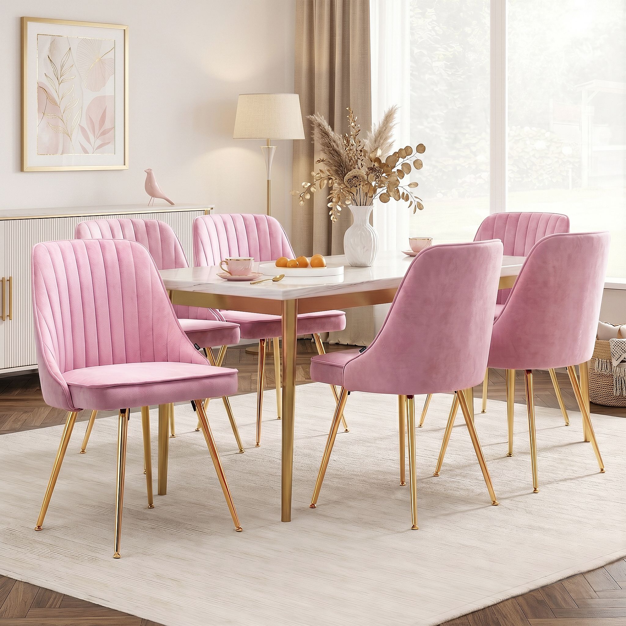 Set of 6 Velvet Channel Tufted Dining Chairs - Pink - Furniture > Dining > Kitchen & Dining Chairs - Rivercity House & Home Co. (ABN 18 642 972 209) - Affordable Modern Furniture Australia
