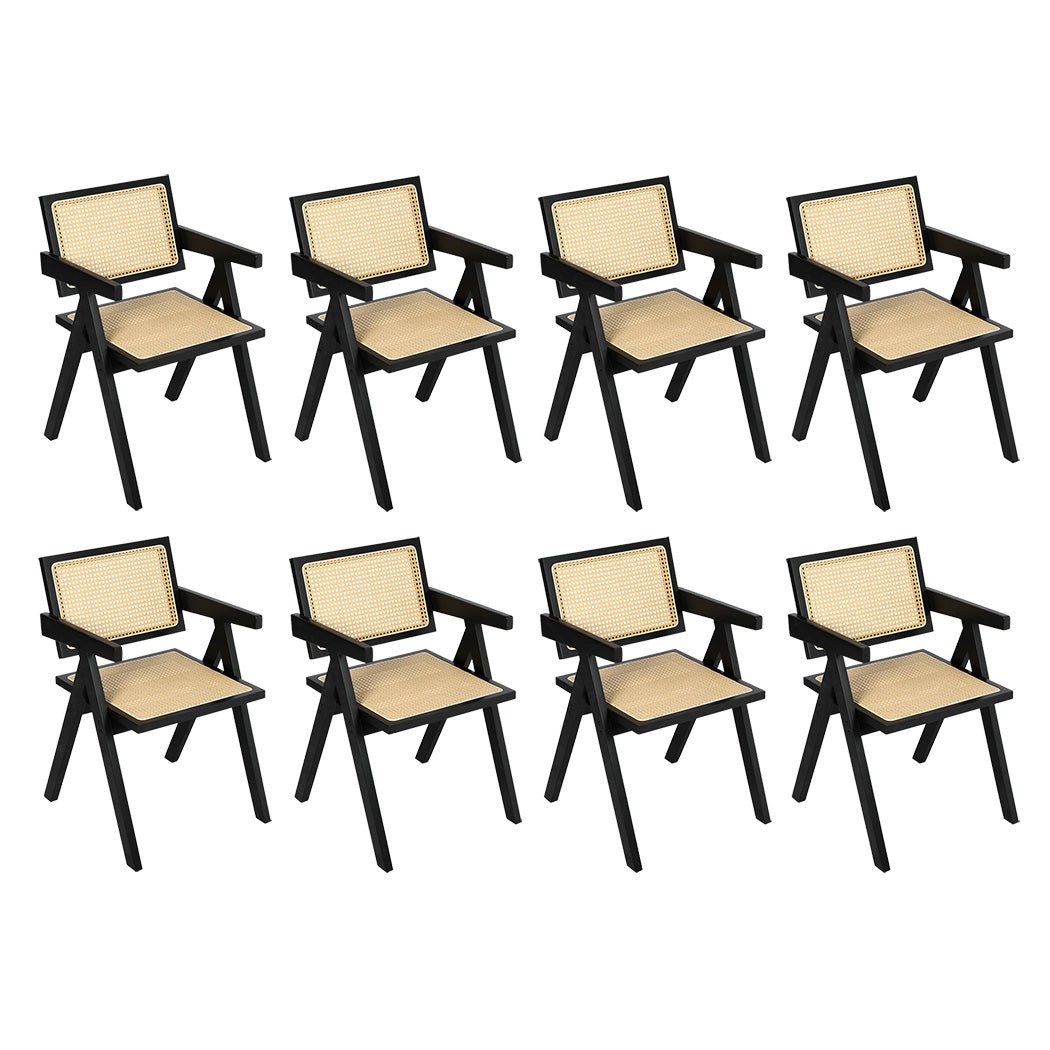 Set of 8 Solid Wood Rattan Armchairs Dining Chairs - Black - Rivercity House & Home Co. (ABN 18 642 972 209) - Affordable Modern Furniture Australia