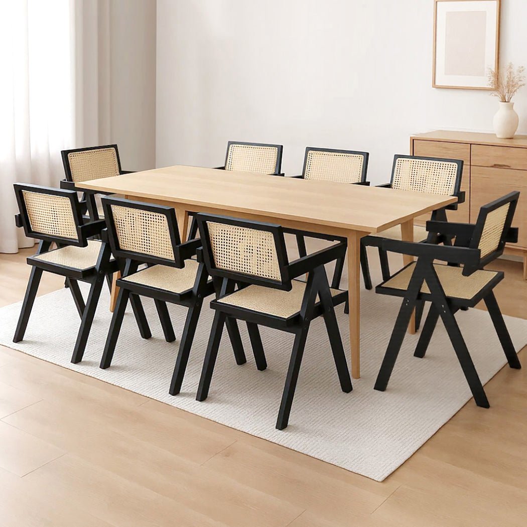 Set of 8 Solid Wood Rattan Armchairs Dining Chairs - Black - Rivercity House & Home Co. (ABN 18 642 972 209) - Affordable Modern Furniture Australia