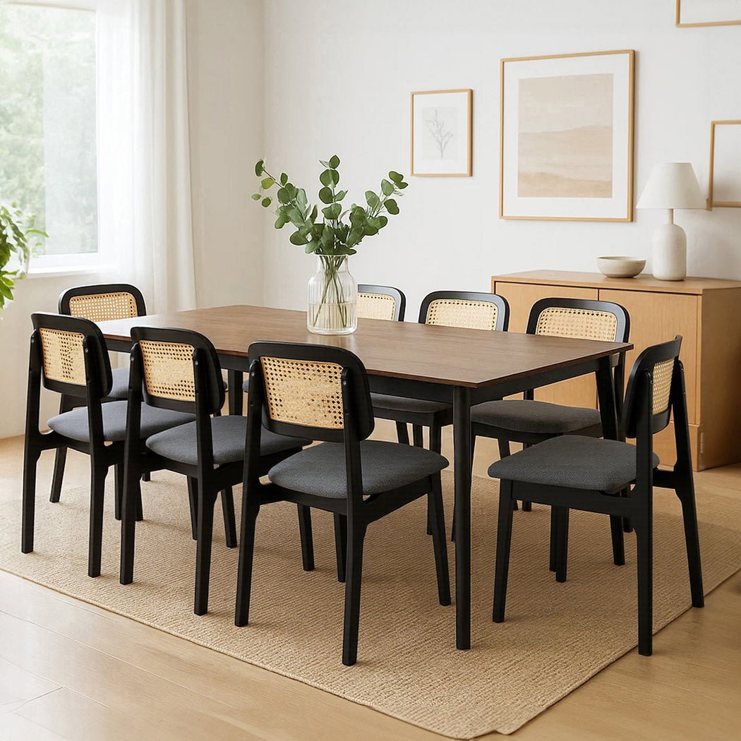 Set of 8 Wood Rattan Armless Dining Chairs - Black - Rivercity House & Home Co. (ABN 18 642 972 209) - Affordable Modern Furniture Australia