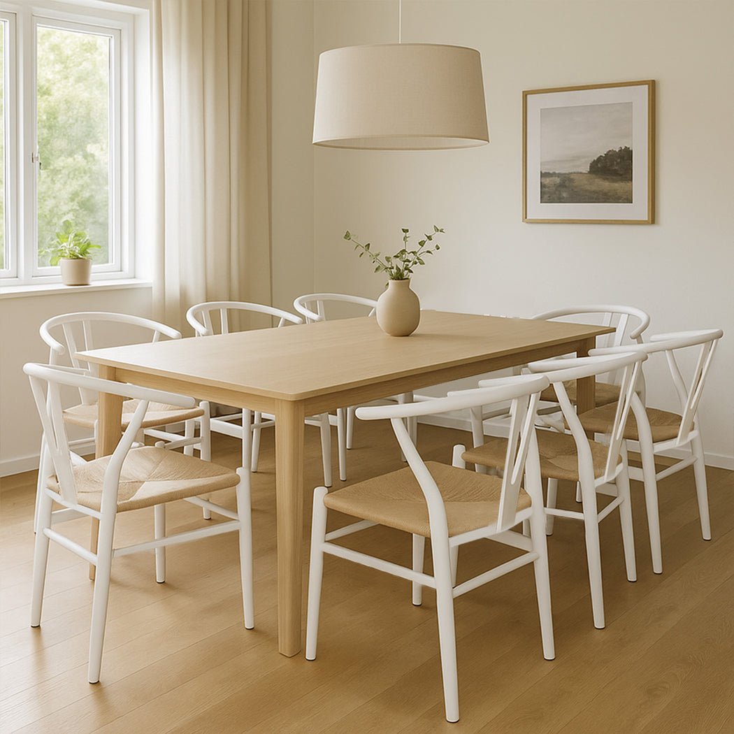 Set of 8 Wooden Dining Chairs with Rattan Seat - White - Rivercity House & Home Co. (ABN 18 642 972 209) - Affordable Modern Furniture Australia