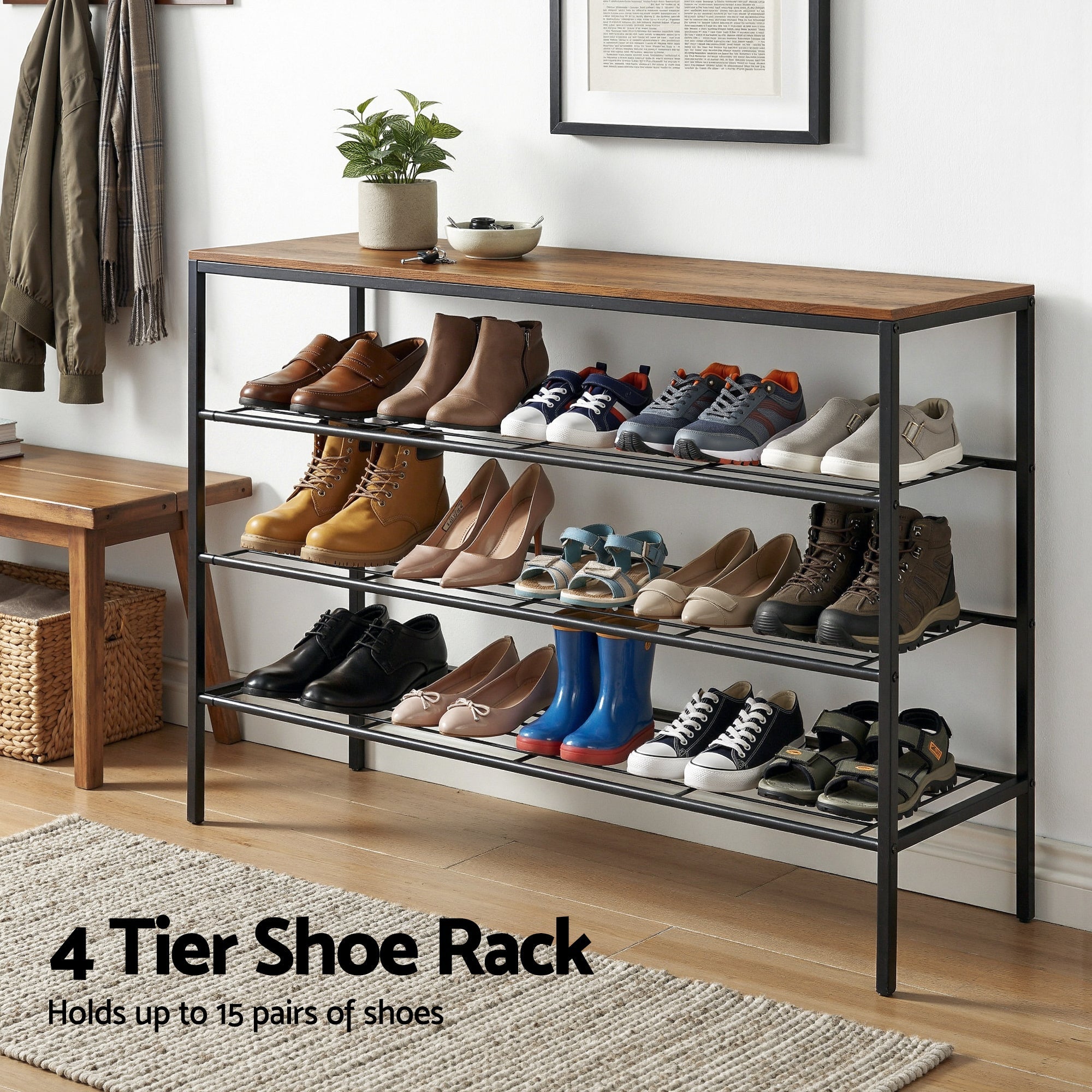 Shoe Rack 4 tier Storage Organiser Walnut - Furniture > Living Room > Shoe Storage - Rivercity House & Home Co. (ABN 18 642 972 209) - Affordable Modern Furniture Australia