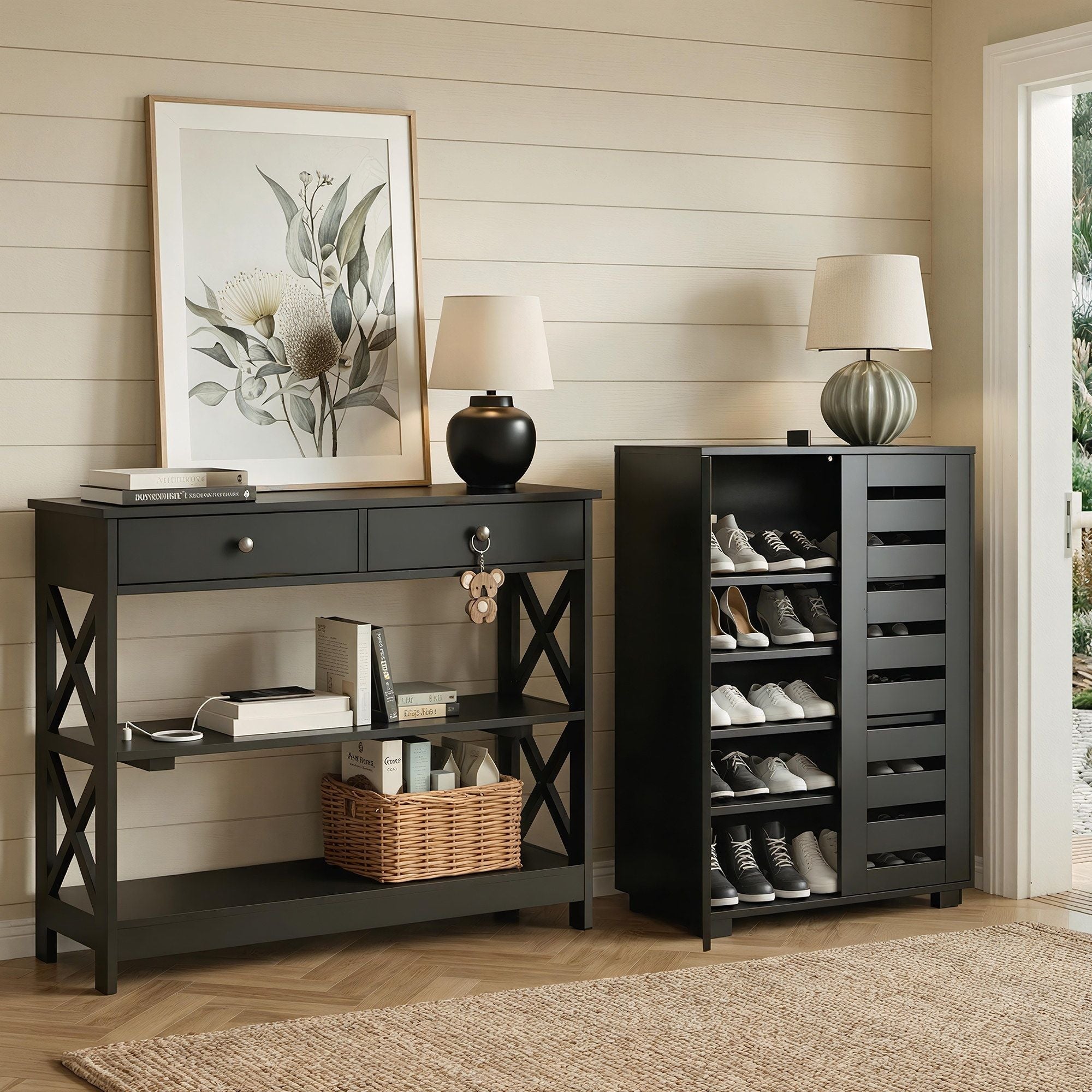 Shoe Rack Cabinet & Console Table Set Storage Shelf Black - Furniture > Living Room > Shoe Storage - Rivercity House & Home Co. (ABN 18 642 972 209) - Affordable Modern Furniture Australia