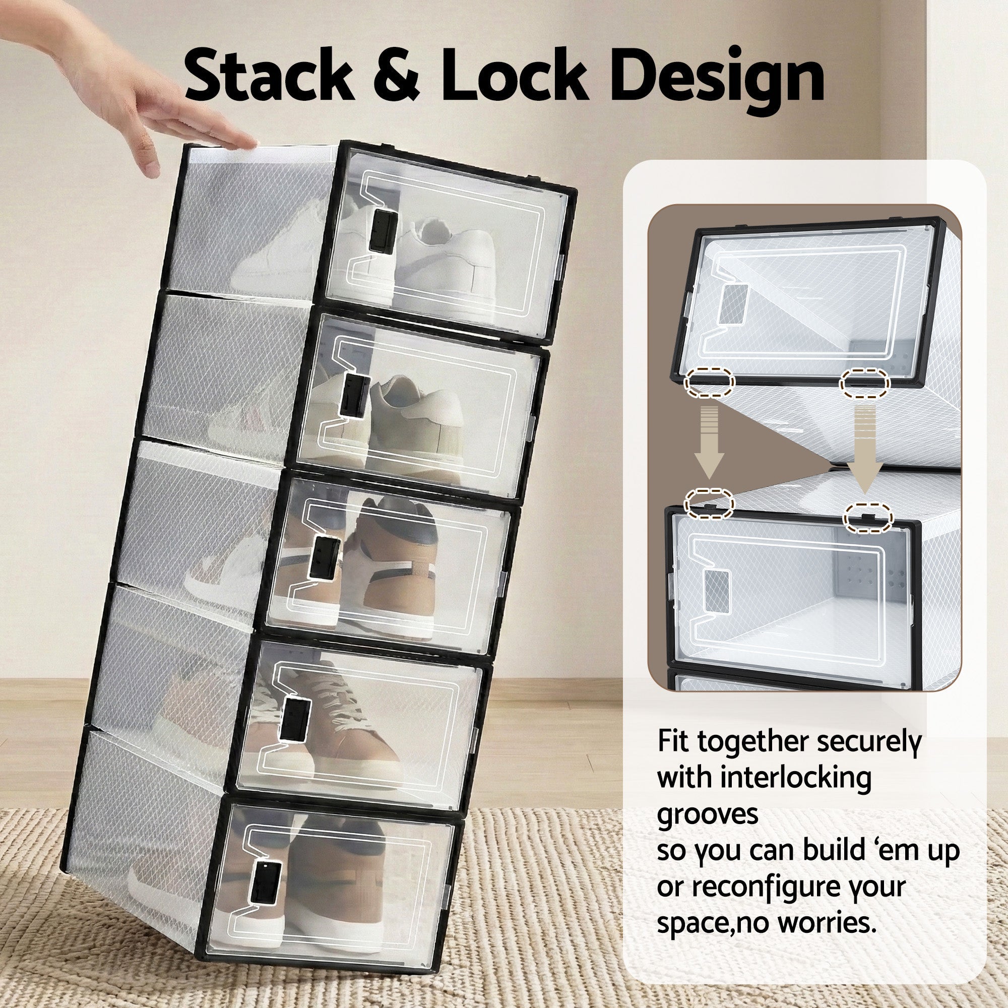 Shoe Storage Box DIY Set of 12 Stackable Black - Furniture > Living Room > Shoe Storage - Rivercity House & Home Co. (ABN 18 642 972 209) - Affordable Modern Furniture Australia