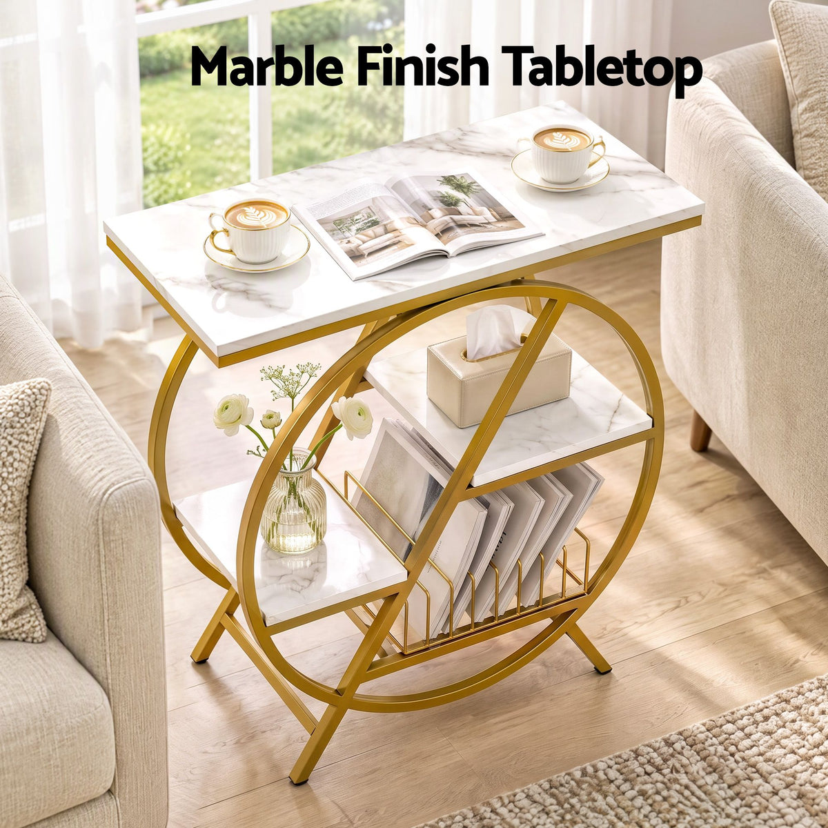 Side Table with Marble Finish Top, Storage Shelf & Gold Frame - White & Gold - Furniture > Living Room > Coffee Tables - Rivercity House & Home Co. (ABN 18 642 972 209) - Affordable Modern Furniture Australia