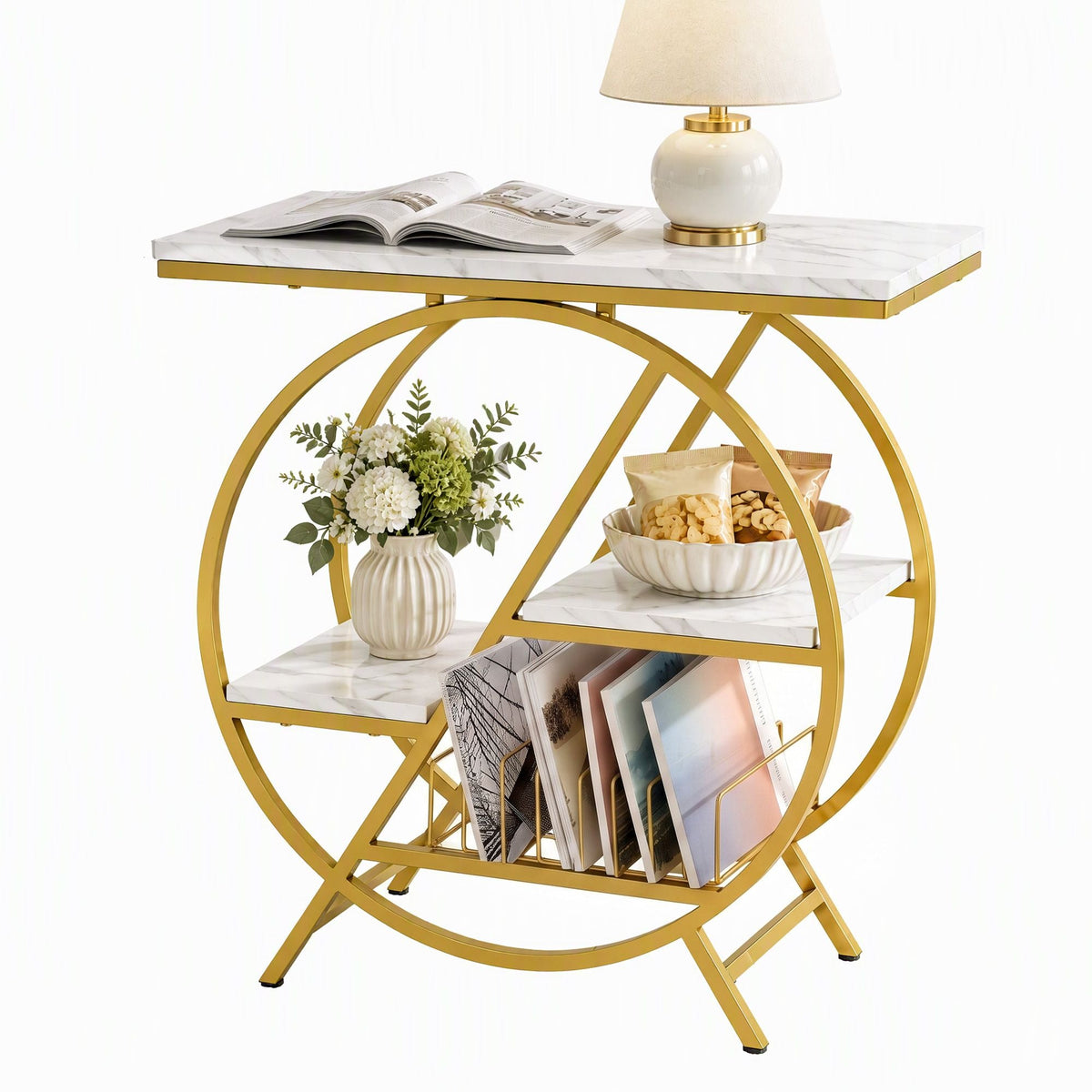 Side Table with Marble Finish Top, Storage Shelf & Gold Frame - White & Gold - Furniture > Living Room > Coffee Tables - Rivercity House & Home Co. (ABN 18 642 972 209) - Affordable Modern Furniture Australia