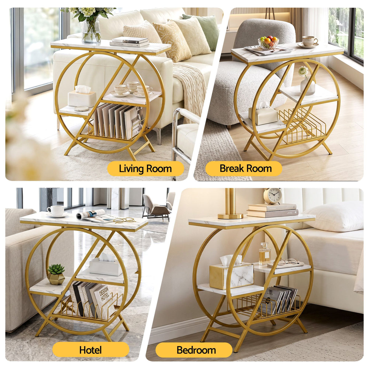 Side Table with Marble Finish Top, Storage Shelf & Gold Frame - White & Gold - Furniture > Living Room > Coffee Tables - Rivercity House & Home Co. (ABN 18 642 972 209) - Affordable Modern Furniture Australia