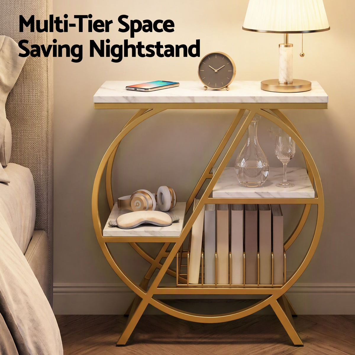 Side Table with Marble Finish Top, Storage Shelf & Gold Frame - White & Gold - Furniture > Living Room > Coffee Tables - Rivercity House & Home Co. (ABN 18 642 972 209) - Affordable Modern Furniture Australia