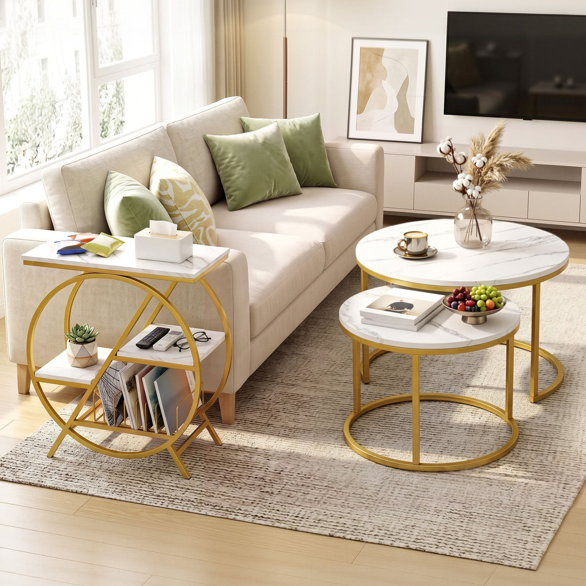 Side Table with Marble Finish Top, Storage Shelf & Gold Frame - White & Gold - Furniture > Living Room > Coffee Tables - Rivercity House & Home Co. (ABN 18 642 972 209) - Affordable Modern Furniture Australia