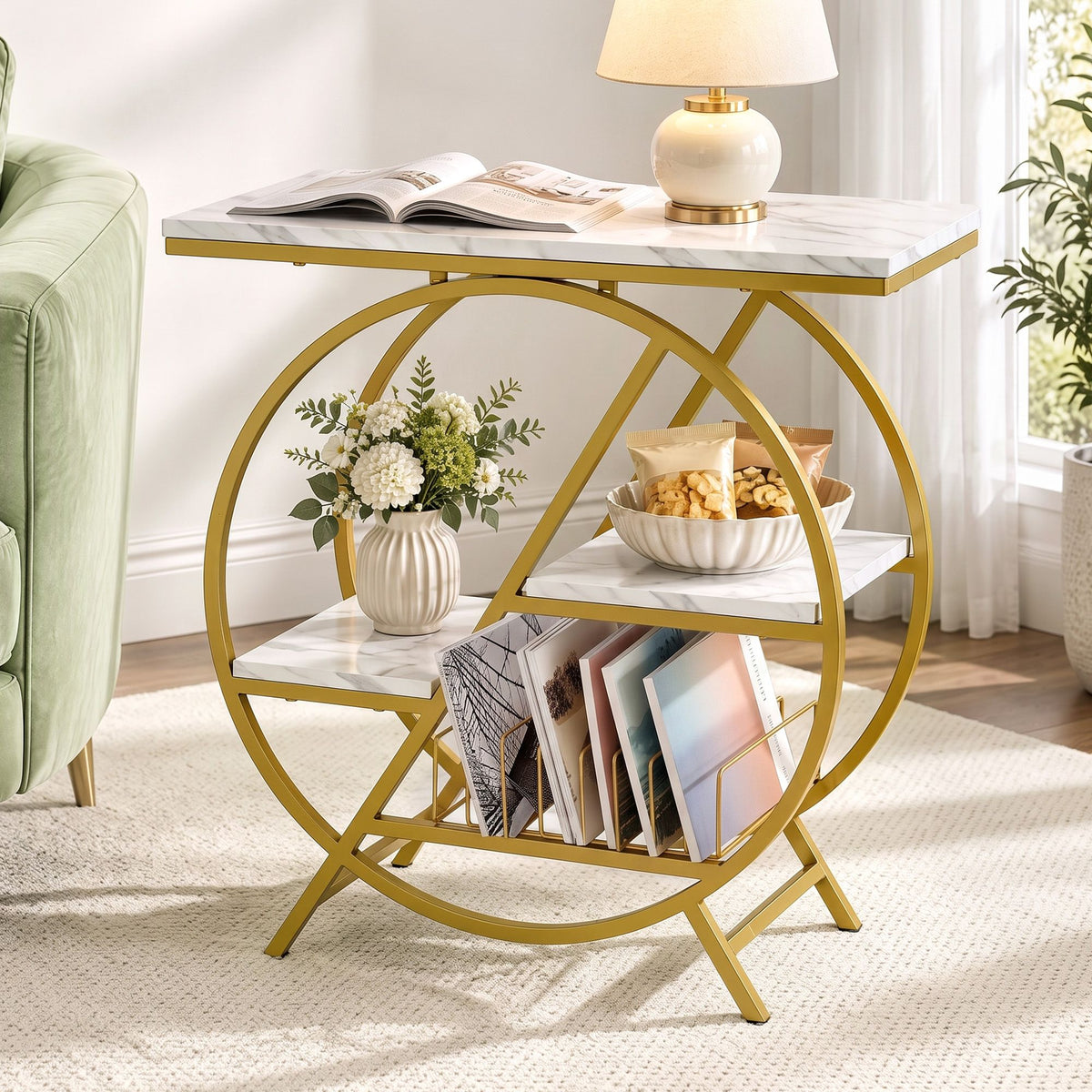 Side Table with Marble Finish Top, Storage Shelf & Gold Frame - White & Gold - Furniture > Living Room > Coffee Tables - Rivercity House & Home Co. (ABN 18 642 972 209) - Affordable Modern Furniture Australia