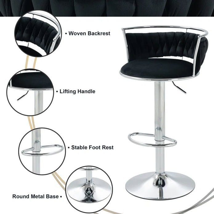 Silver Adjustable Height Velvet Upholstered Swivel Counter Stool with Metal Frame - Black (Set of 2) - Furniture > Bar Stools & Chairs > Table & Bar Stools - Rivercity House & Home Co. (ABN 18 642 972 209) - Affordable Modern Furniture Australia