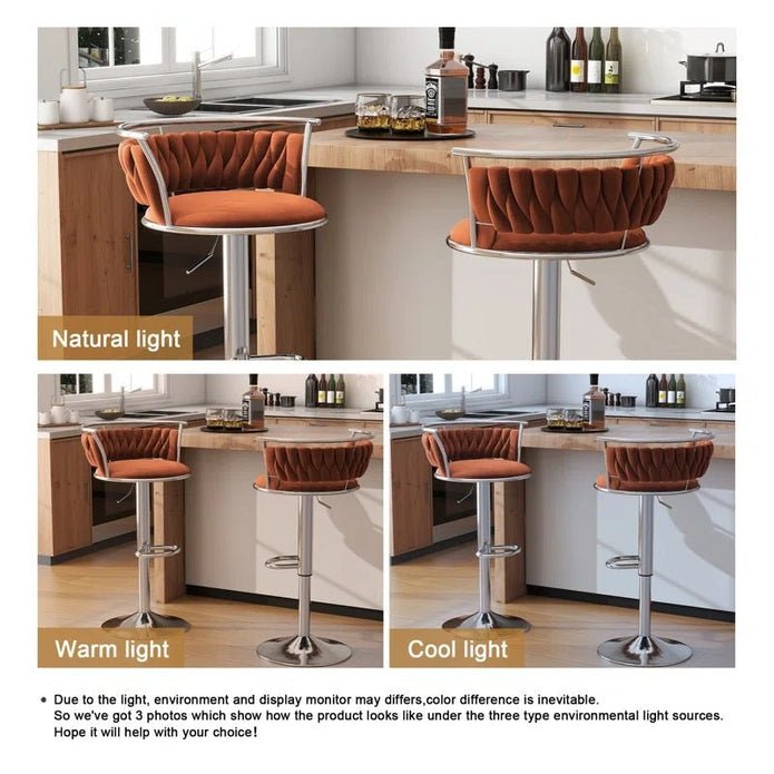 Silver Metal Frame Adjustable Height Swivel Velvet Counter Stool with Footrest - Orange (Set of 2) - Furniture > Bar Stools & Chairs > Table & Bar Stools - Rivercity House & Home Co. (ABN 18 642 972 209) - Affordable Modern Furniture Australia