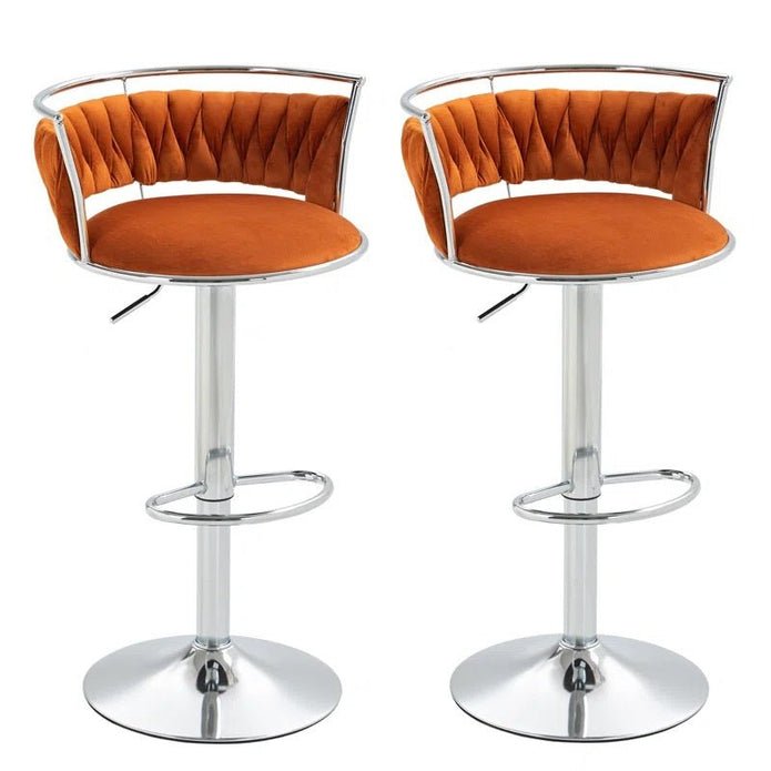 Silver Metal Frame Adjustable Height Swivel Velvet Counter Stool with Footrest - Orange (Set of 2) - Furniture > Bar Stools & Chairs > Table & Bar Stools - Rivercity House & Home Co. (ABN 18 642 972 209) - Affordable Modern Furniture Australia