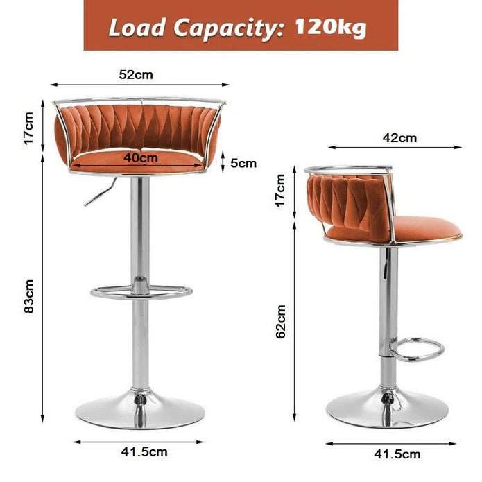 Silver Metal Frame Adjustable Height Swivel Velvet Counter Stool with Footrest - Orange (Set of 2) - Furniture > Bar Stools & Chairs > Table & Bar Stools - Rivercity House & Home Co. (ABN 18 642 972 209) - Affordable Modern Furniture Australia