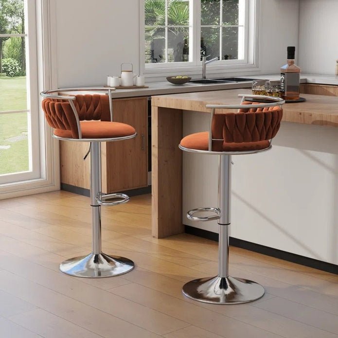 Silver Metal Frame Adjustable Height Swivel Velvet Counter Stool with Footrest - Orange (Set of 2) - Furniture > Bar Stools & Chairs > Table & Bar Stools - Rivercity House & Home Co. (ABN 18 642 972 209) - Affordable Modern Furniture Australia