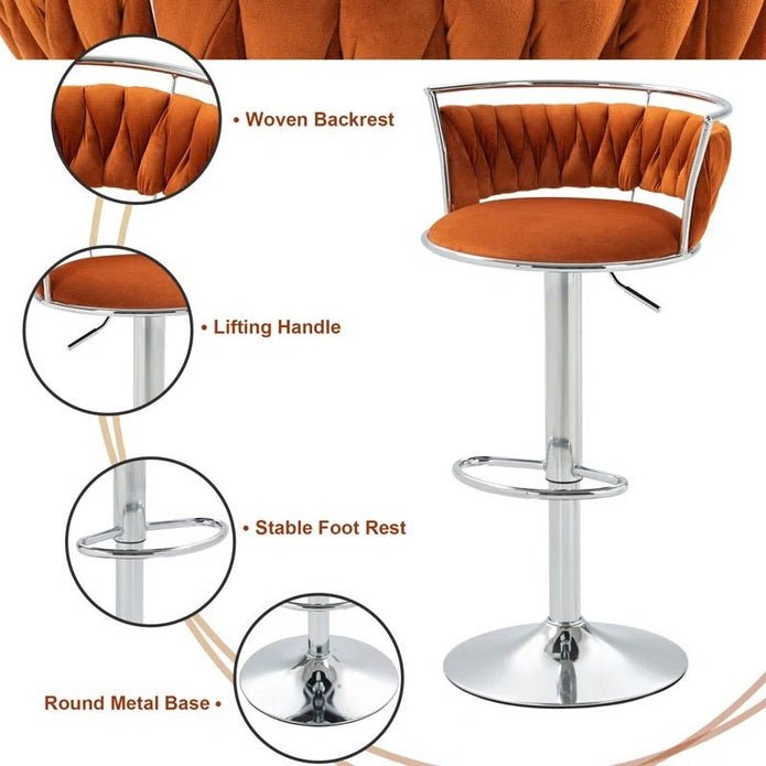 Silver Metal Frame Adjustable Height Swivel Velvet Counter Stool with Footrest - Orange (Set of 2) - Furniture > Bar Stools & Chairs > Table & Bar Stools - Rivercity House & Home Co. (ABN 18 642 972 209) - Affordable Modern Furniture Australia
