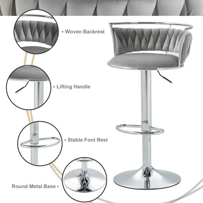 Silver Metal Frame Adjustable Height Swivel Velvet Upholstered Counter Stool Set of 2 - Grey - Furniture > Bar Stools & Chairs > Table & Bar Stools - Rivercity House & Home Co. (ABN 18 642 972 209) - Affordable Modern Furniture Australia