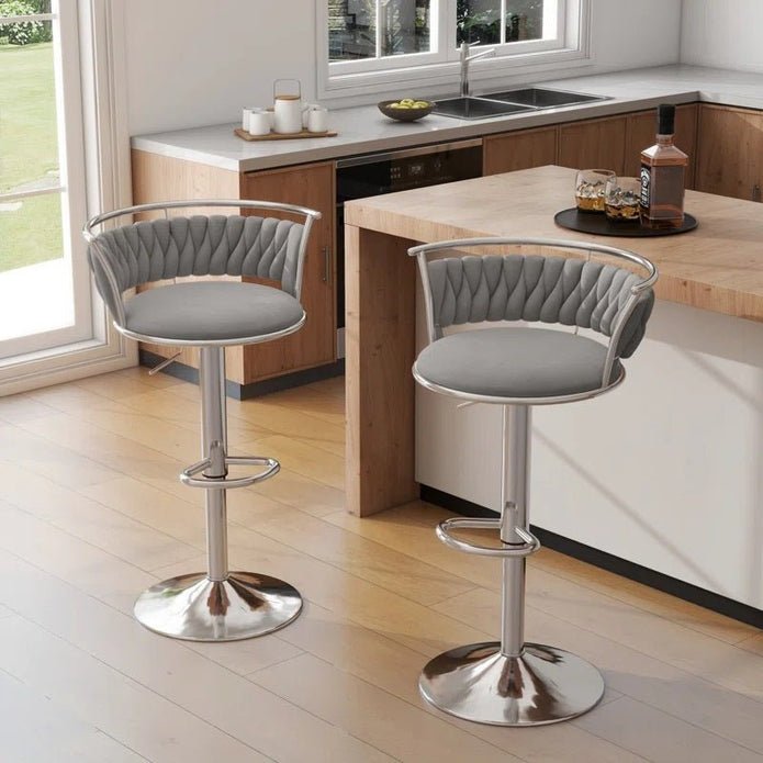 Silver Metal Frame Adjustable Height Swivel Velvet Upholstered Counter Stool Set of 2 - Grey - Furniture > Bar Stools & Chairs > Table & Bar Stools - Rivercity House & Home Co. (ABN 18 642 972 209) - Affordable Modern Furniture Australia