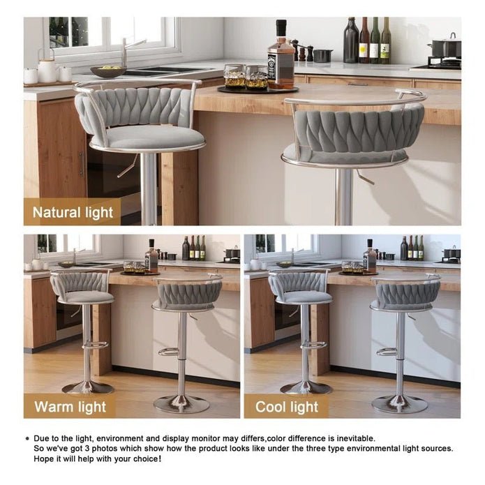 Silver Metal Frame Adjustable Height Swivel Velvet Upholstered Counter Stool Set of 2 - Grey - Furniture > Bar Stools & Chairs > Table & Bar Stools - Rivercity House & Home Co. (ABN 18 642 972 209) - Affordable Modern Furniture Australia