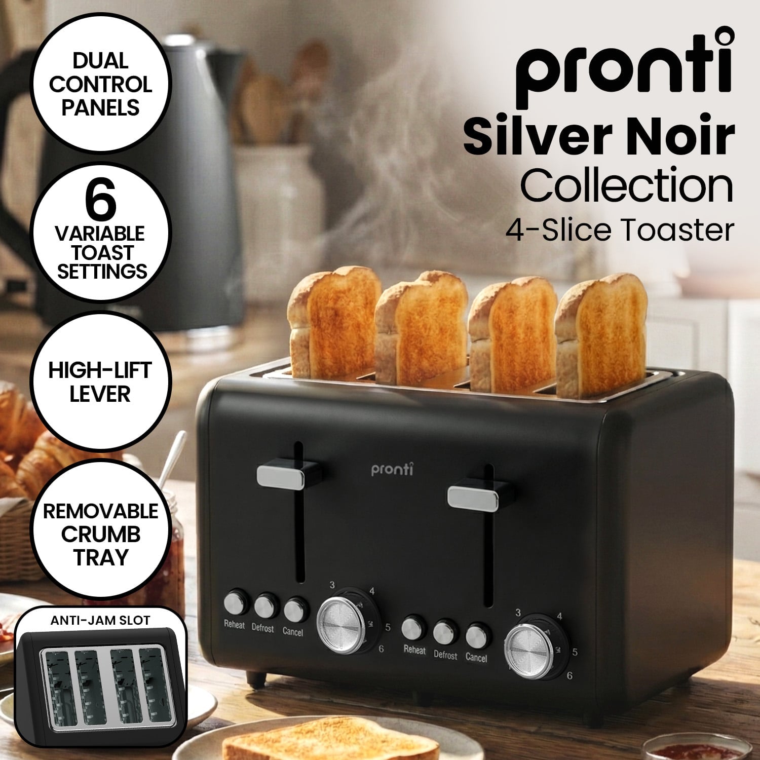 Silver Noir Collection 4 Slice Toaster with Dual Controls - Appliances > Kitchen Appliances > Toasters & Grills - Rivercity House & Home Co. (ABN 18 642 972 209) - Affordable Modern Furniture Australia