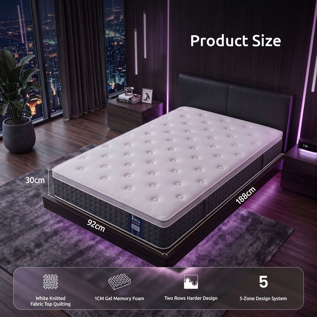 Single 5-Zone Lumbar Support Pocket Spring Mattress 30cm - White - Furniture > Mattresses > Single Mattress - Rivercity House & Home Co. (ABN 18 642 972 209) - Affordable Modern Furniture Australia